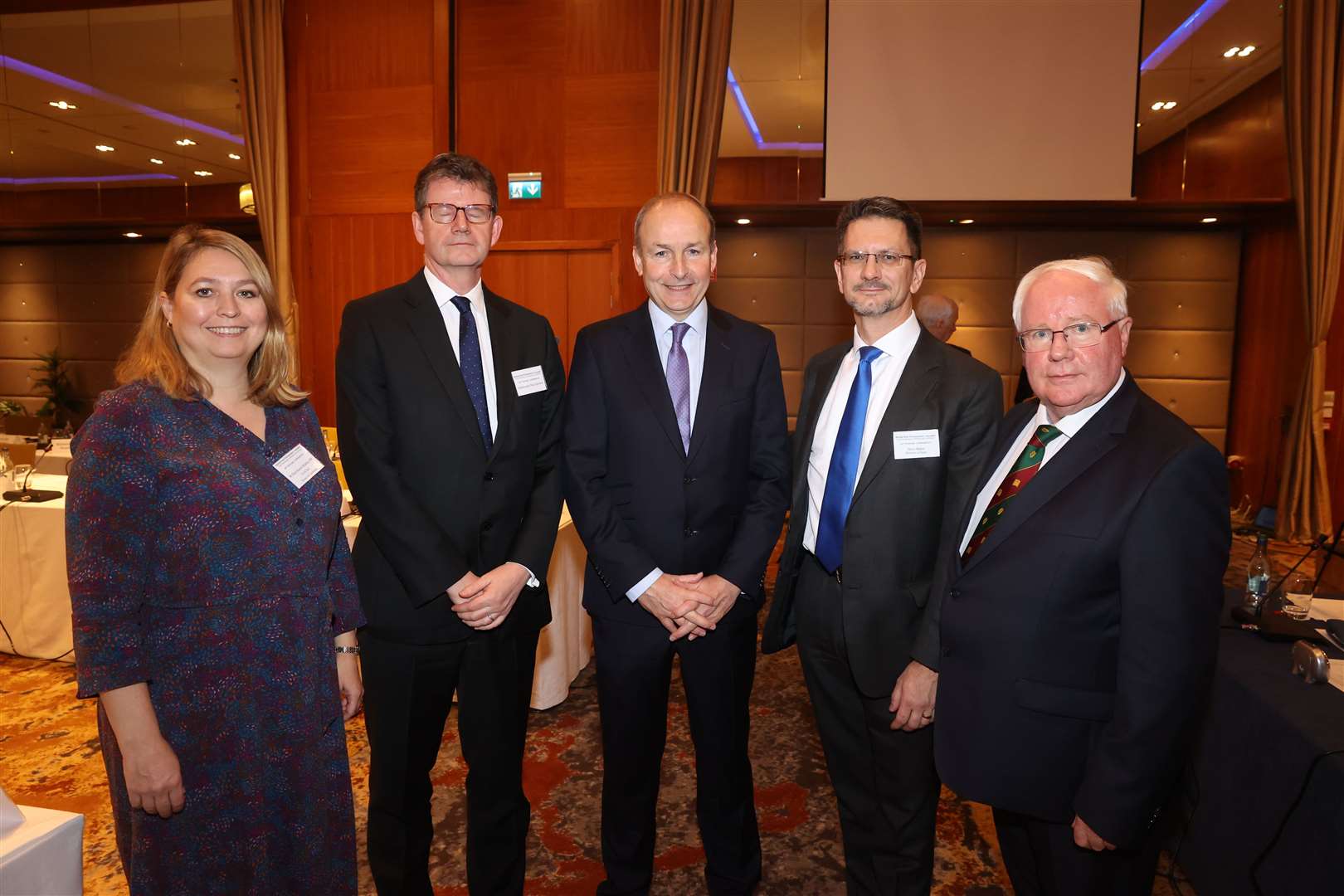 Left to right, Karen Bradley MP, British ambassador to Ireland Paul Johnston, Taoiseach Micheal Martin, Northern Ireland minister Steve Baker and Brendan Smith TD at the 62nd plenary of the British-Irish Parliamentary Assembly in Co Cavan (Liam McBurney/PA)