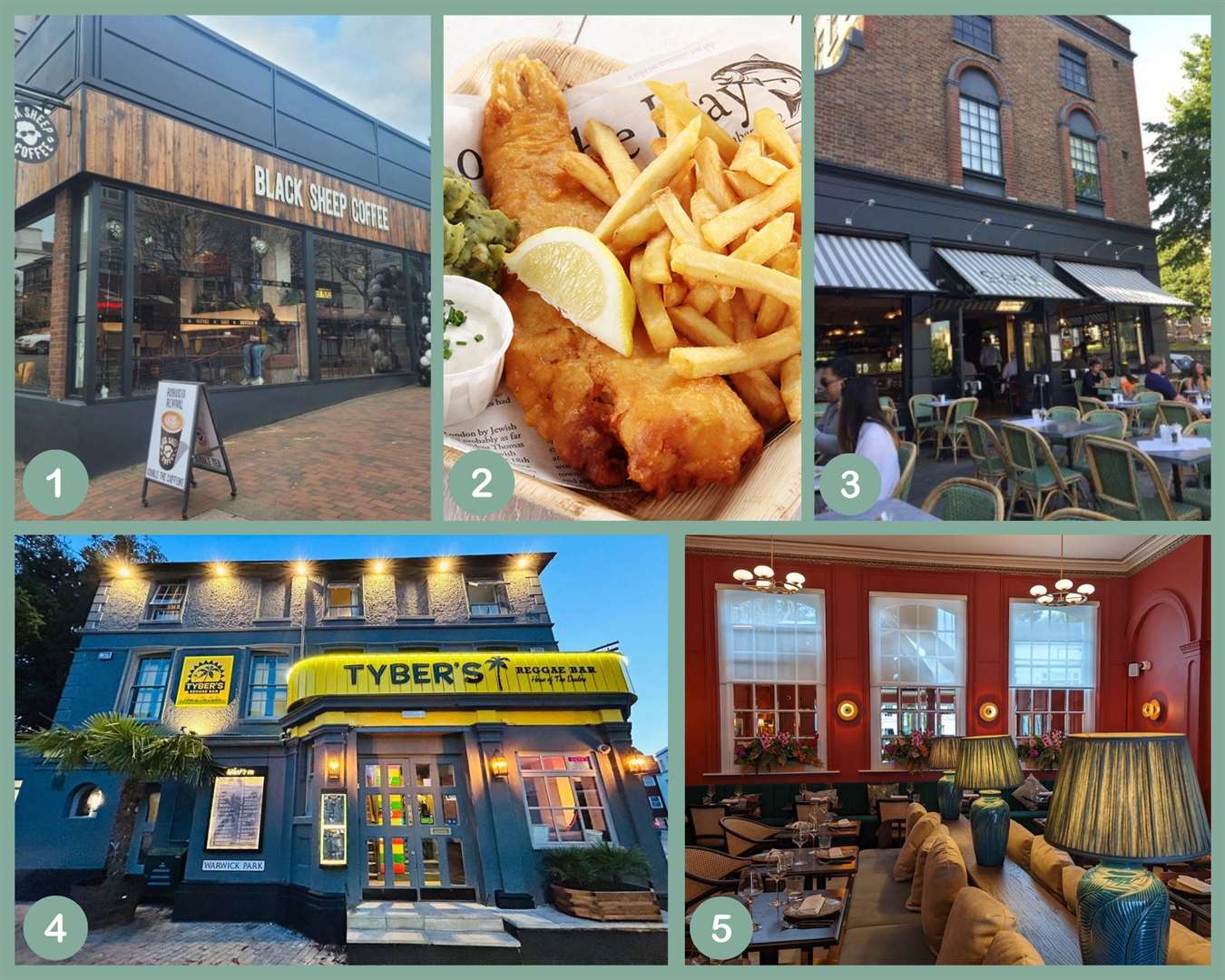 1) Black Sheep Cofffee, 2) Harbourfields, 3) Cote Brasserie, 4) Tybers Reggae Bar, 5) Essence at The Pantiles