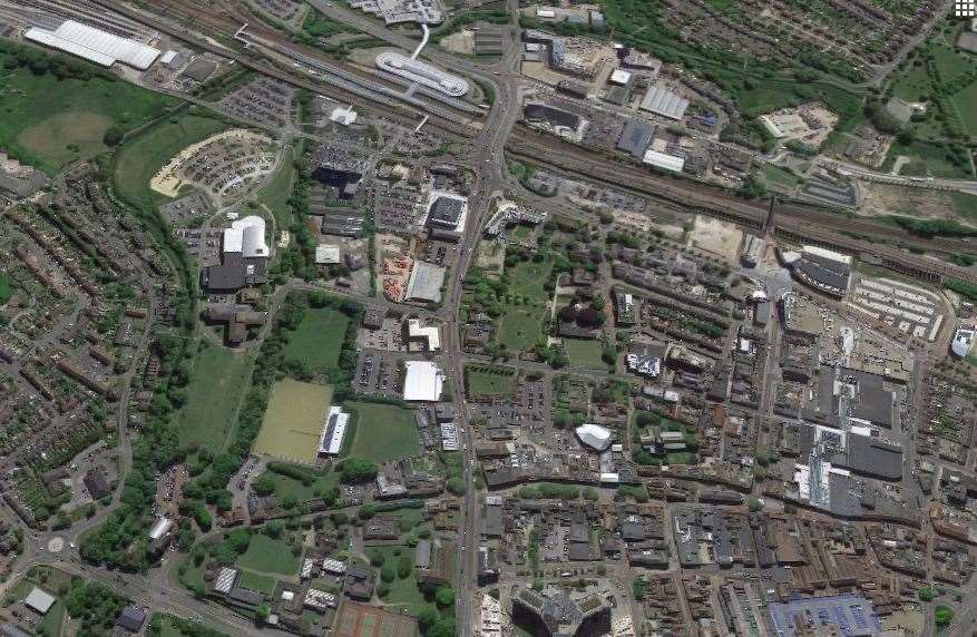 Wellesley Road leading into Station Road as it is now on Ashford's ring-road. The Stour Centre can be seen on the left, with the station in the background. Ashford School is down in the bottom left, while the red dots are postal vans parked up at the sorting office in Tannery Lane