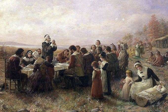 A picture by the artist Jeannie Augusta Brownscombe depicting the first Thanksgiving celebrations held by the Pilgrim Fathers