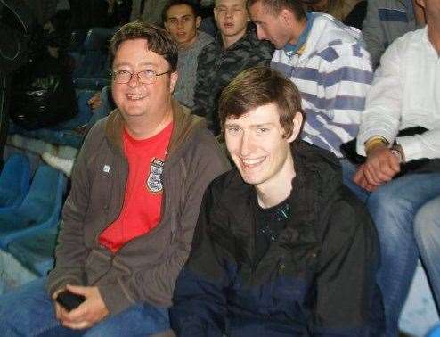 Eddie and a pal at a match during the 2008 Euros. He's now in Germany for his tenth tournament. Picture: SWNS