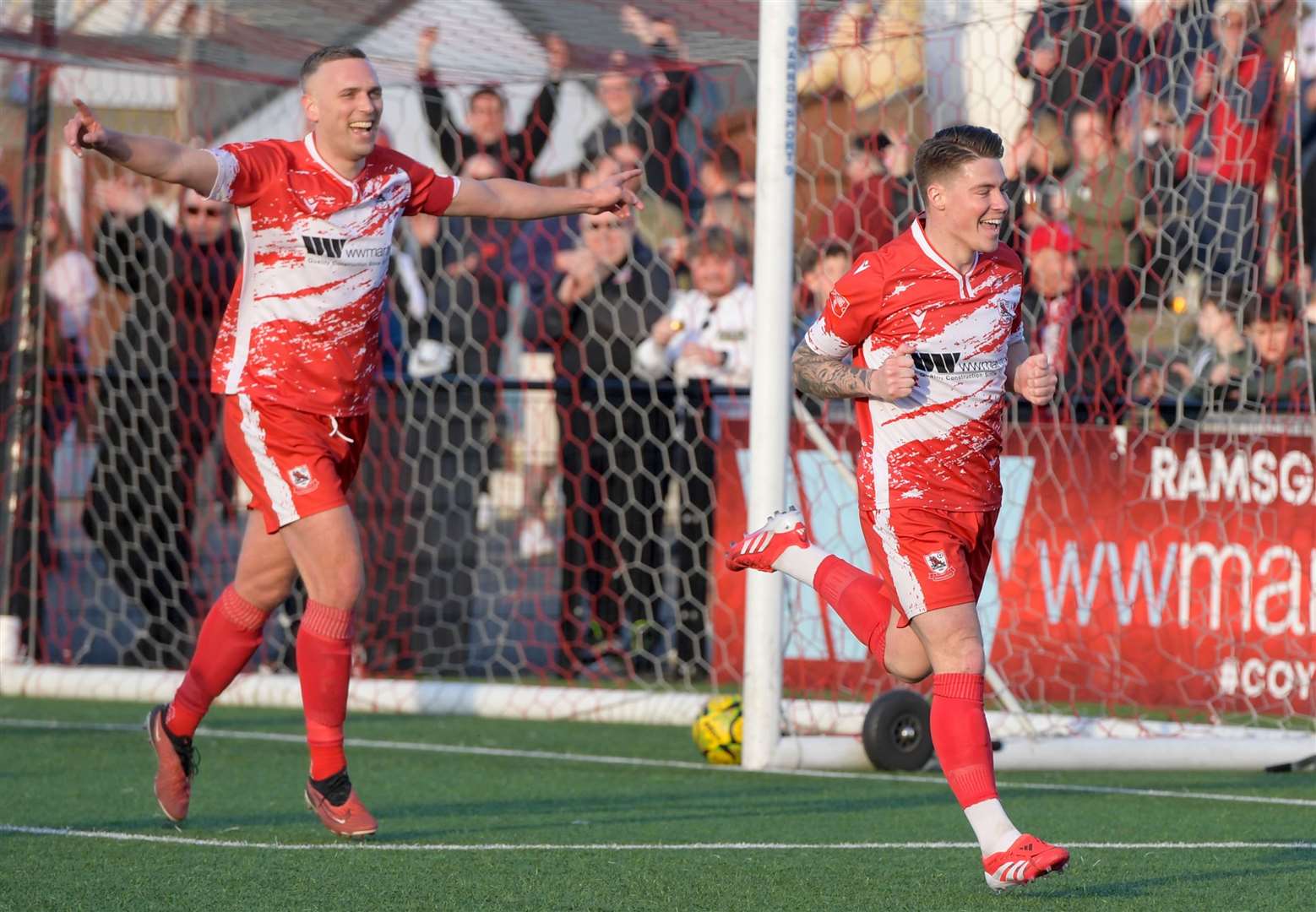 Tom Clifford, right, after scoring his first goal for Ramsgate against Eastbourne Town on Saturday. Picture: Stuart Watson