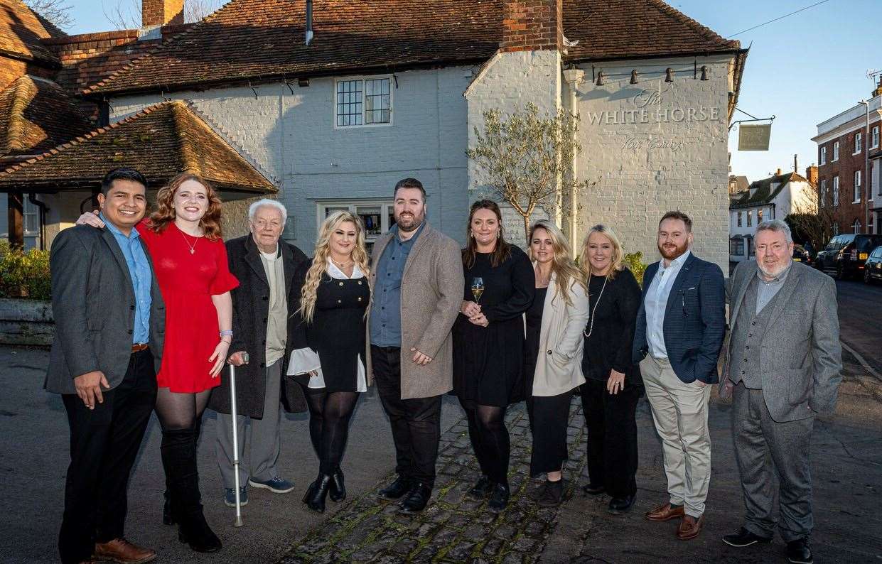 The Thompson family outside The White Horse in Boughton-under-Blean. Picture: Shepherd Neame