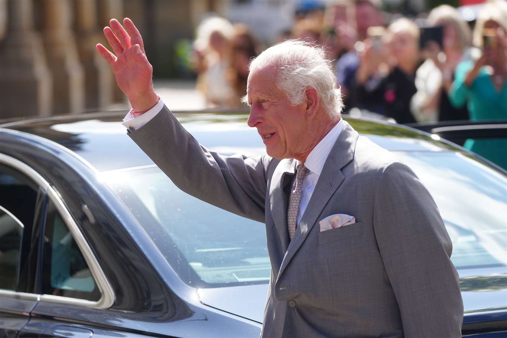 Crowds cheered as the King arrived at Southport Town Hall (Owen Humphreys/PA)