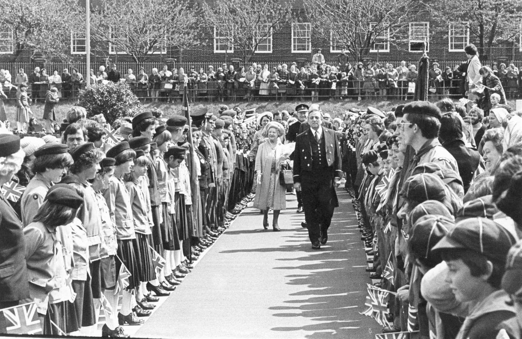 Guides and cubs were among the thousands of people who welcomed the Queen Mother to Chatham in May 1979 for the official opening of the £8.5 million administrative headquarters of Lloyds of London in Dock Road, Chatham