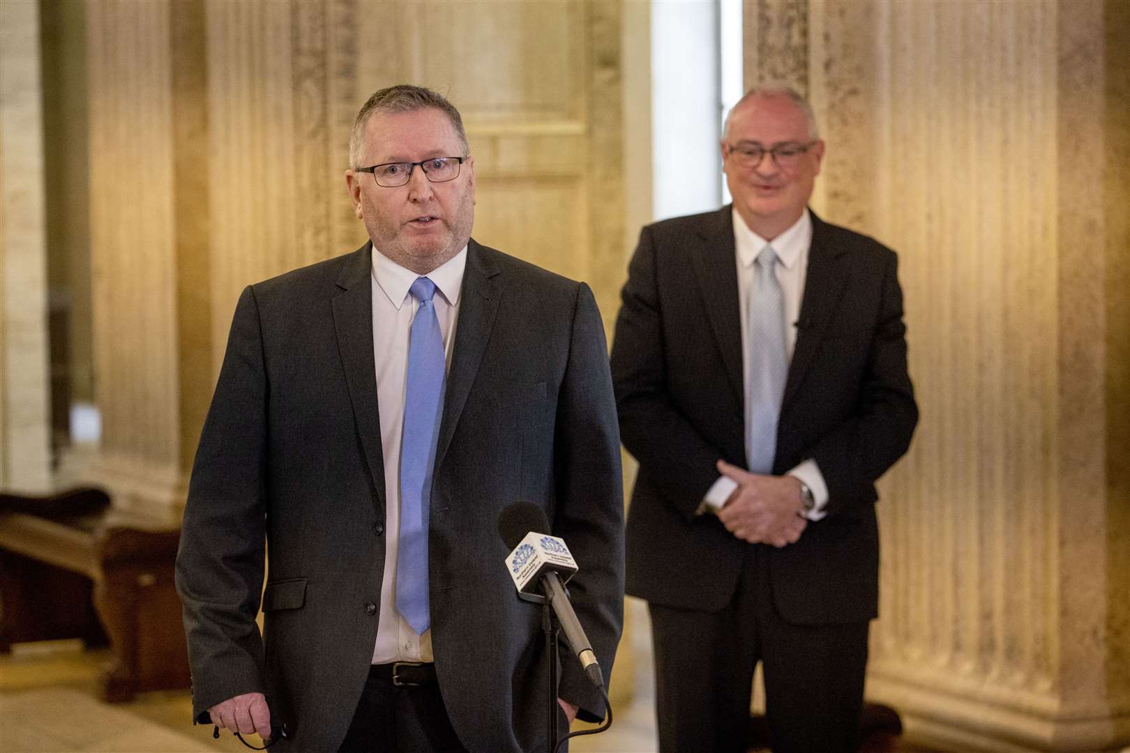 Mr Beattie and outgoing leader Steve Aiken (Liam McBurney/PA)