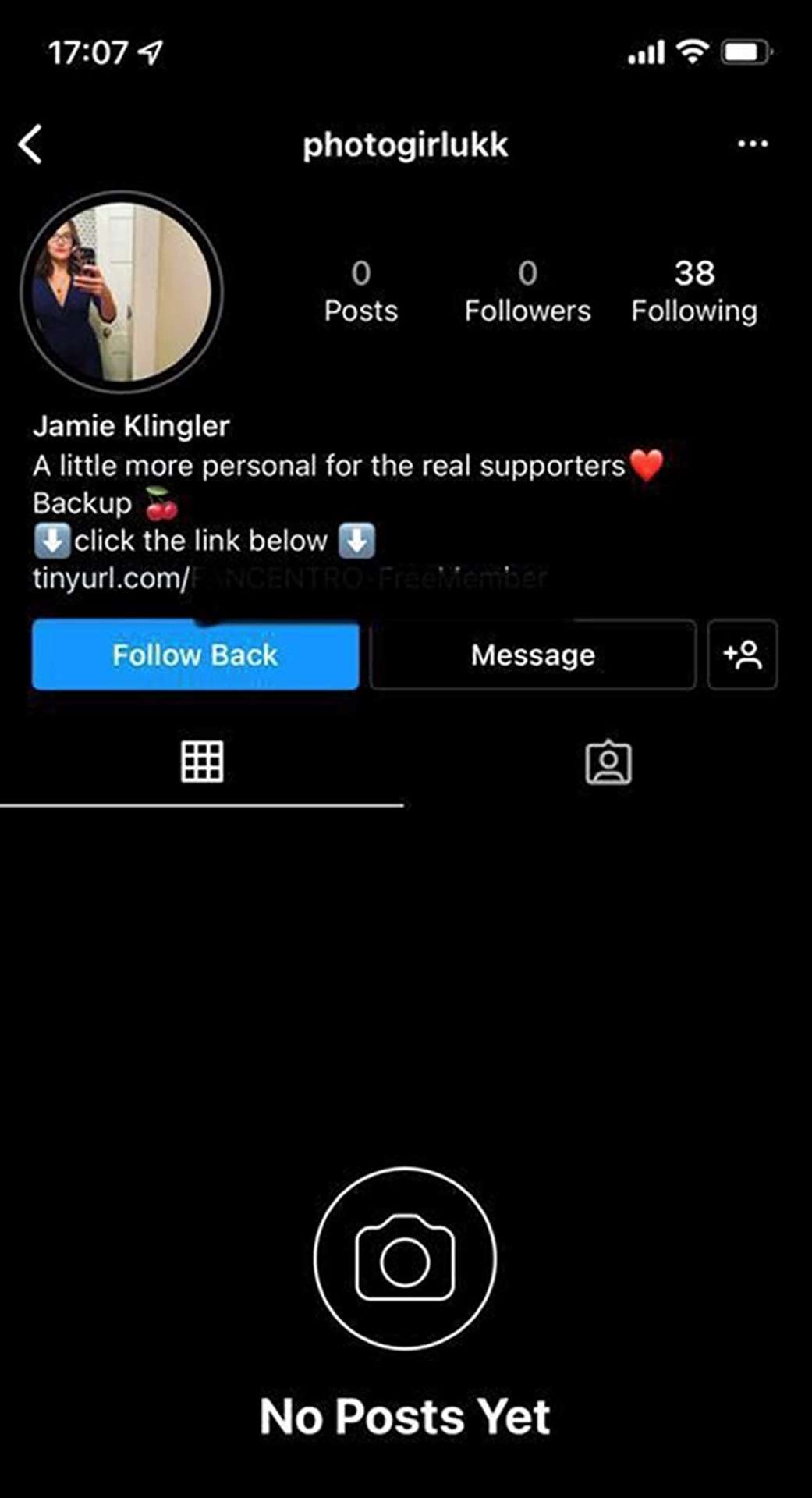 The fake Instagram page set up in Jamie Klingler’s name has since been deleted (PA)