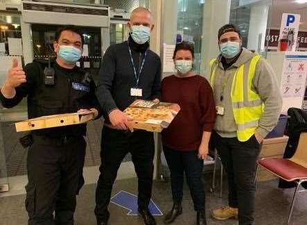 Kelly Palmer and Nicky Cartwright delivering food from The Bird in Hand pub at Darent Valley Hospital in Dartford