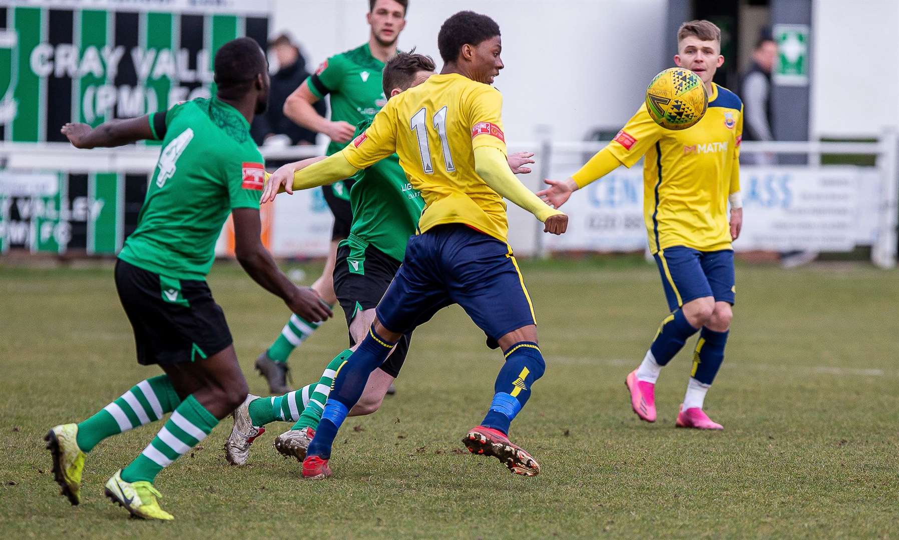 Montrell Deslandes watches the ball as Whitstable take on Cray Valley Picture: Les Biggs