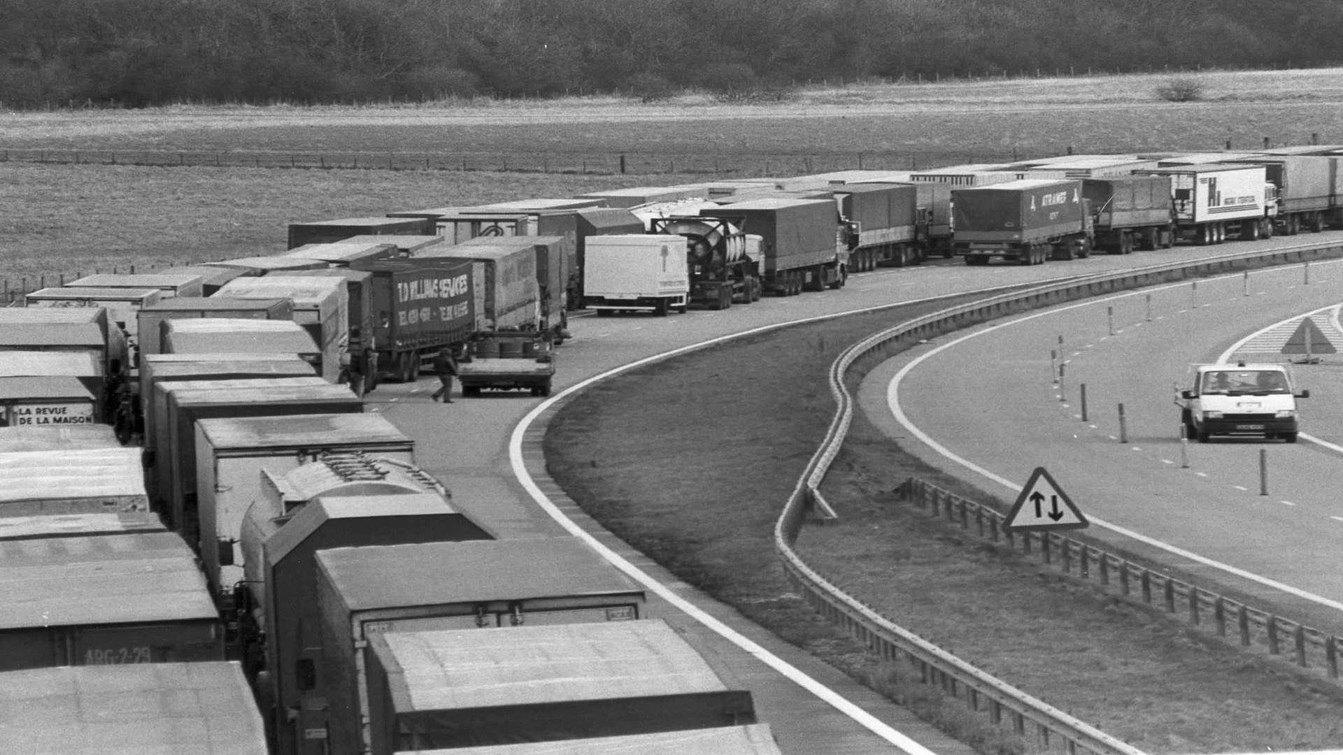 The first lorry queue on the M20, caused by the docks strike at Folkestone in 1988