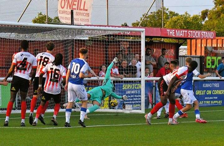 Sinnakye Christie scores for Sheppey in Friday’s pre-season game against Gillingham Picture: Marc Richards