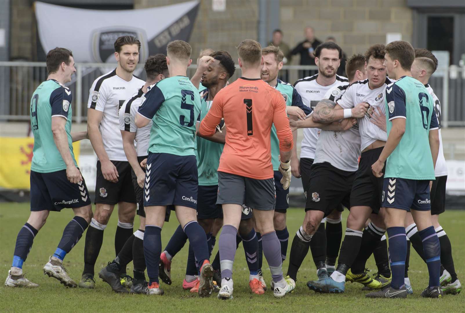 Tempers flare between the two sides on Saturday after a late challenge by Dartford's Lee Noble. Picture: Andy Payton