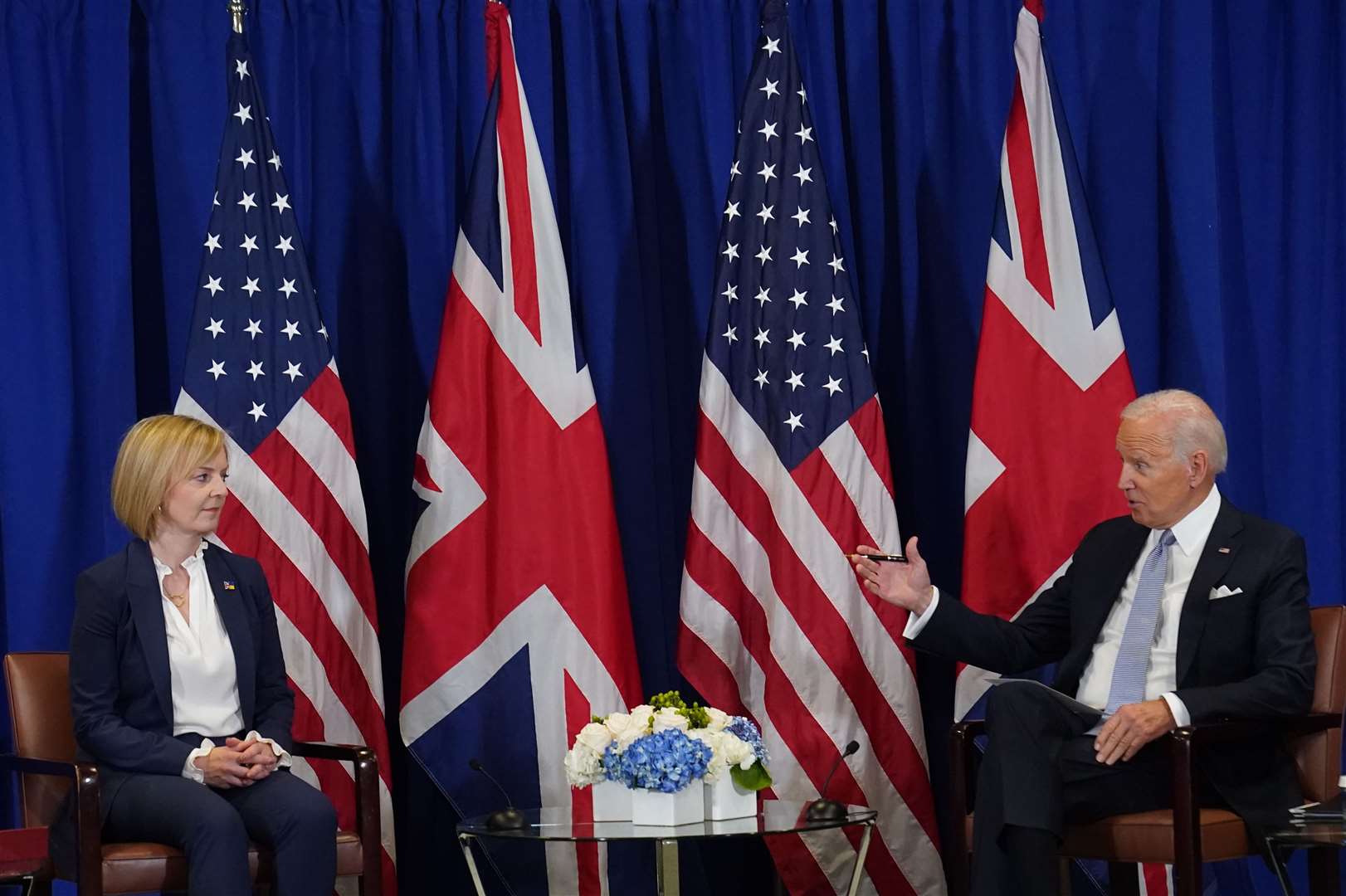 Liz Truss holds a bilateral with Joe Biden at the UN building in New York (Stefan Rousseau/PA)