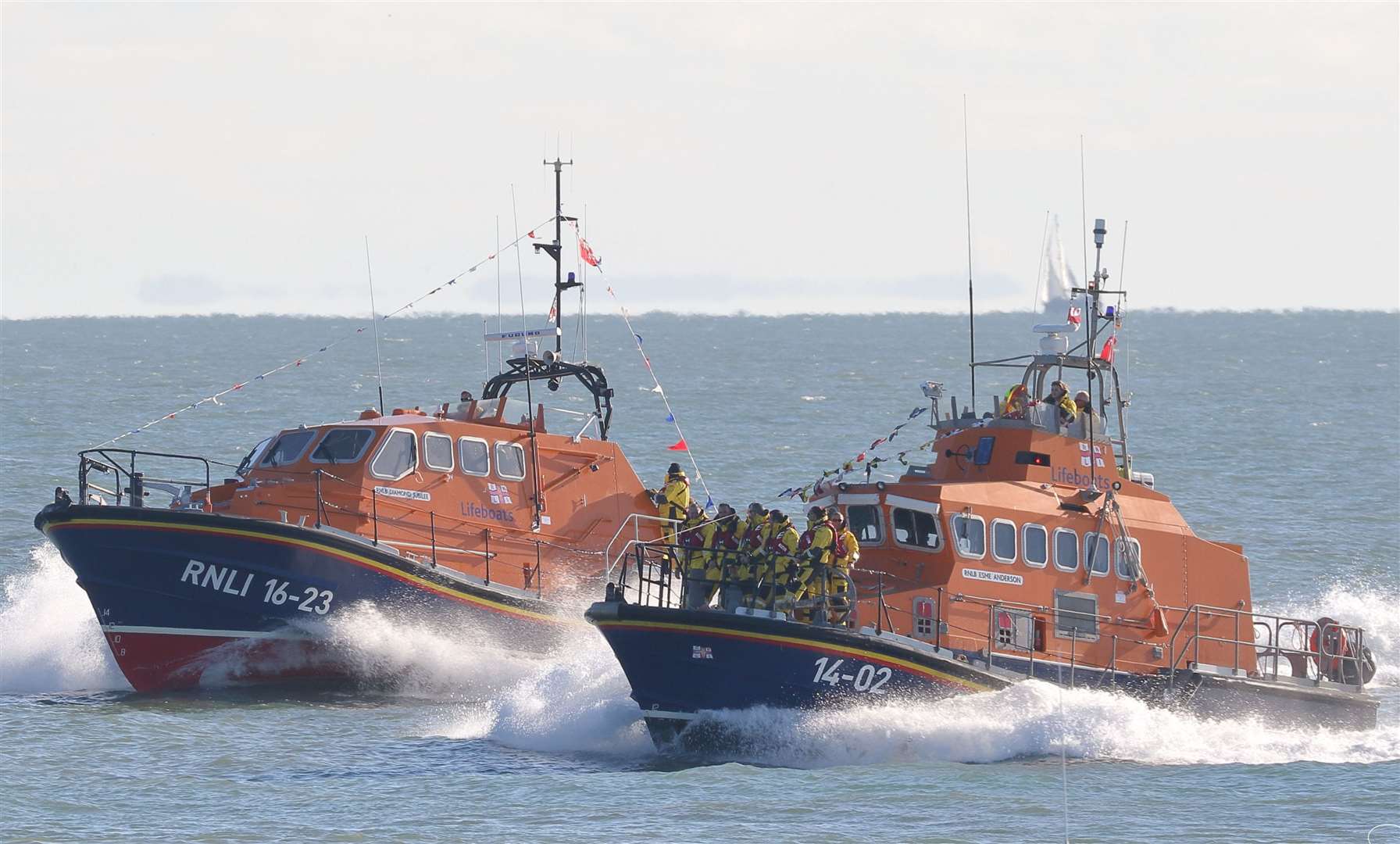 New Ramsgate lifeboat Diamond Jubilee, left, arrives in port for the first time accompanied by the outgoing Esme Anderson which has been based there since August 1994. Picture: RNLI