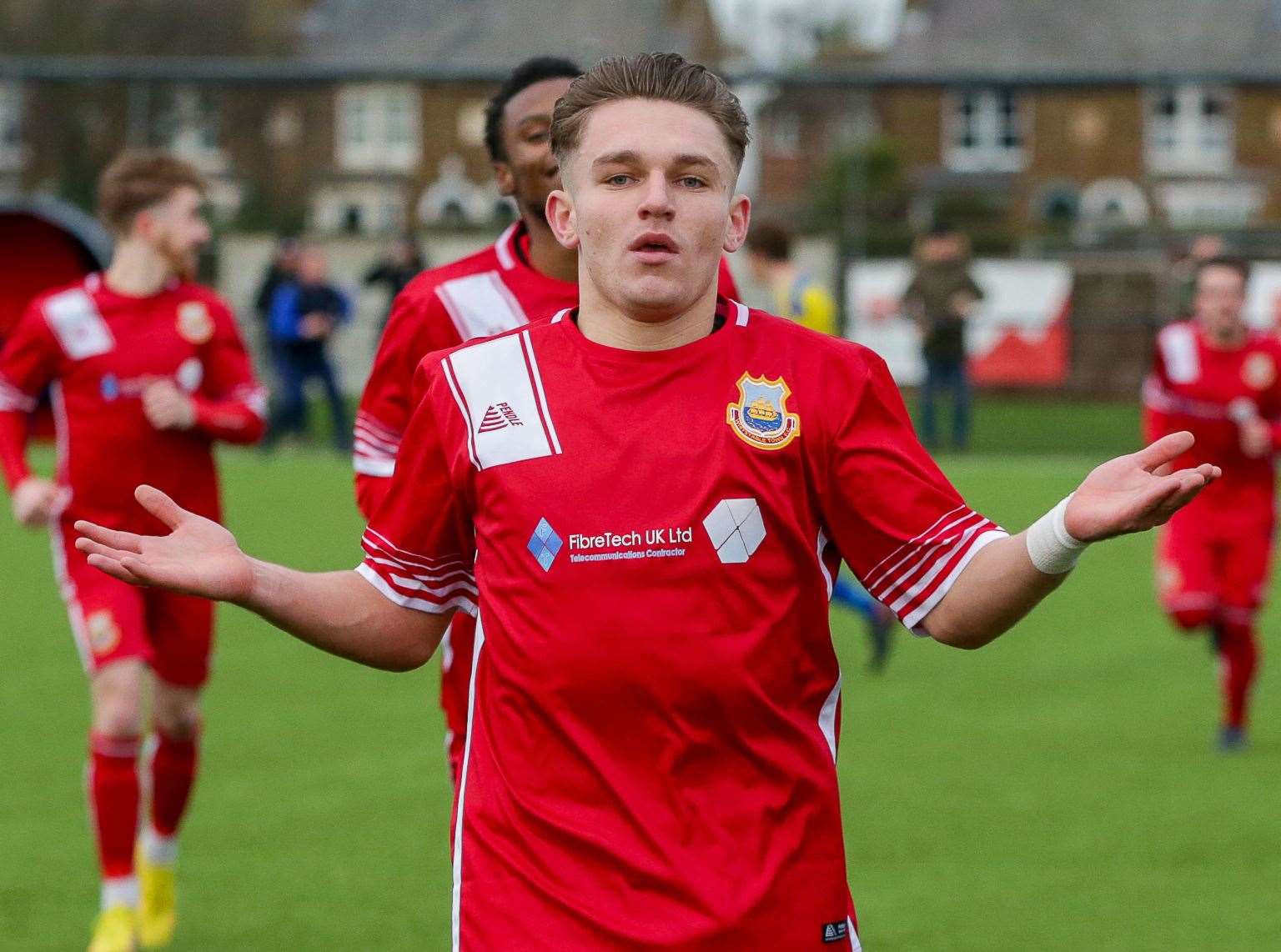 Whitstable midfielder Josh Oliver celebrates his first goal. Picture: Les Biggs