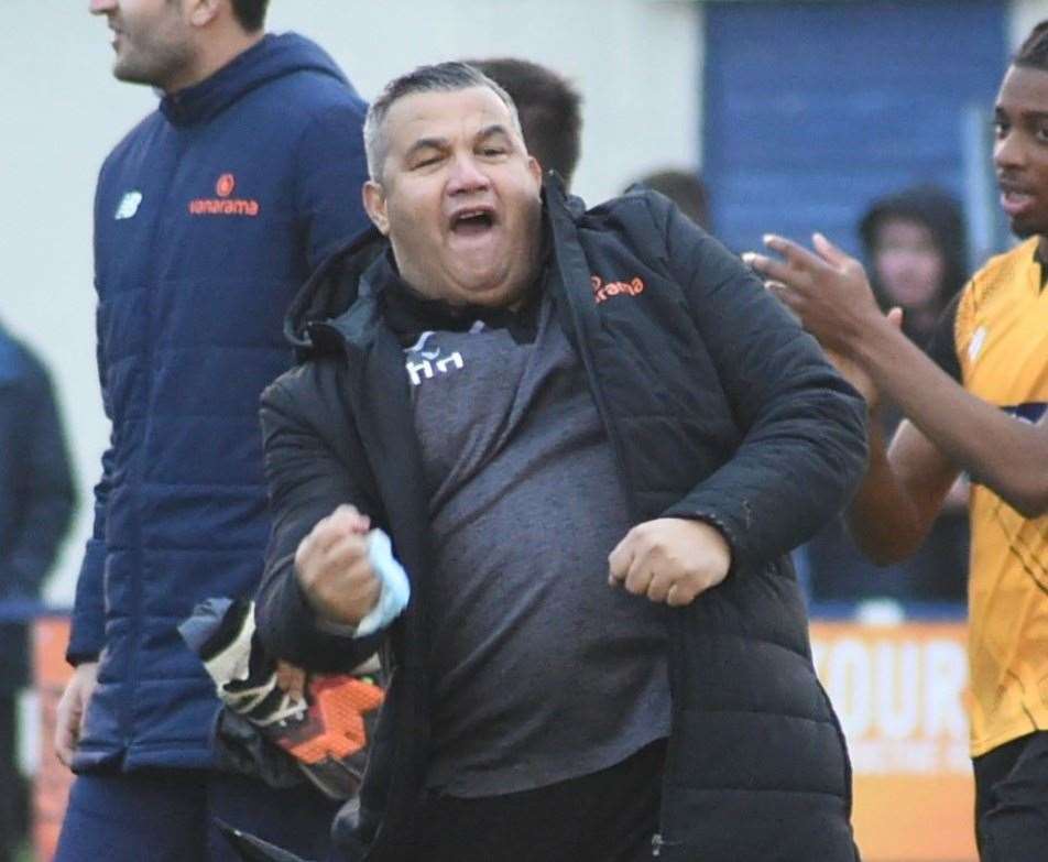 Maidstone United manager Hakan Hayrettin celebrates at full-time Picture: Steve Terrell