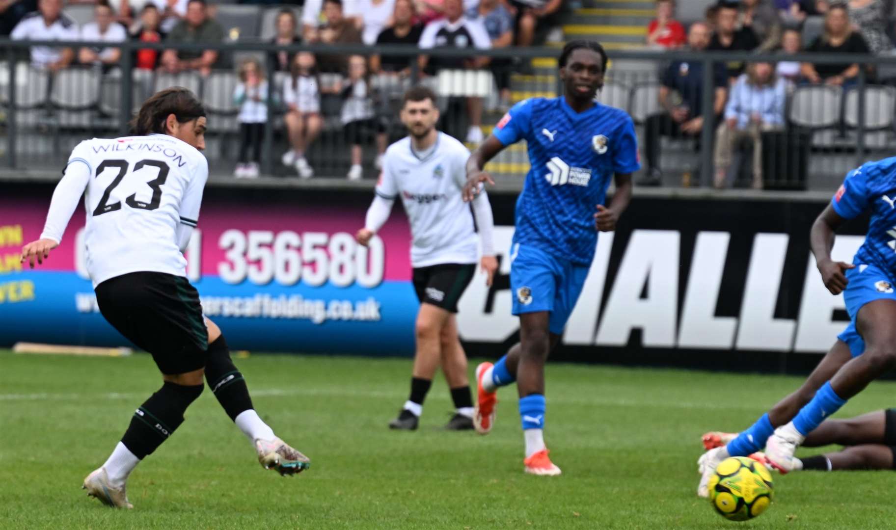 George Wilkinson scores Dover’s second goal against Dartford on Saturday. Picture: Barry Goodwin