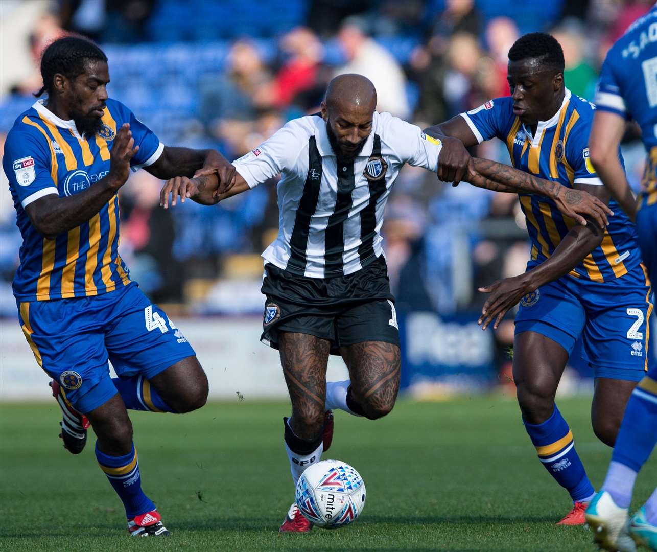 Josh Parker is held back by Anthony Grant and Josh Emmanuel Picture: Ady Kerry