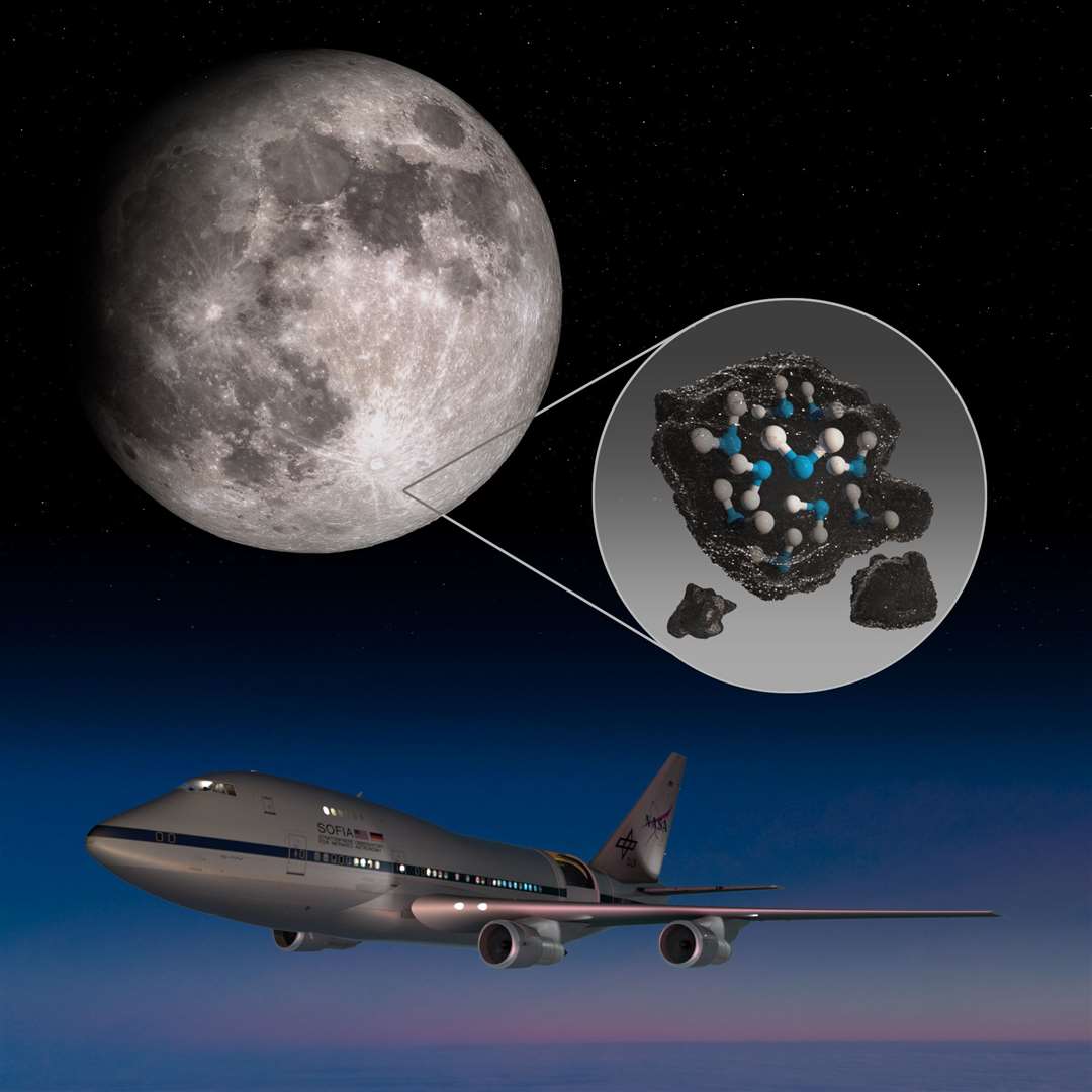 The Moon’s Clavius Crater, with an illustration depicting water trapped in its lunar soil, along with an image of Nasa’s Stratospheric Observatory for Infrared Astronomy (Sofia) (Nasa/PA)