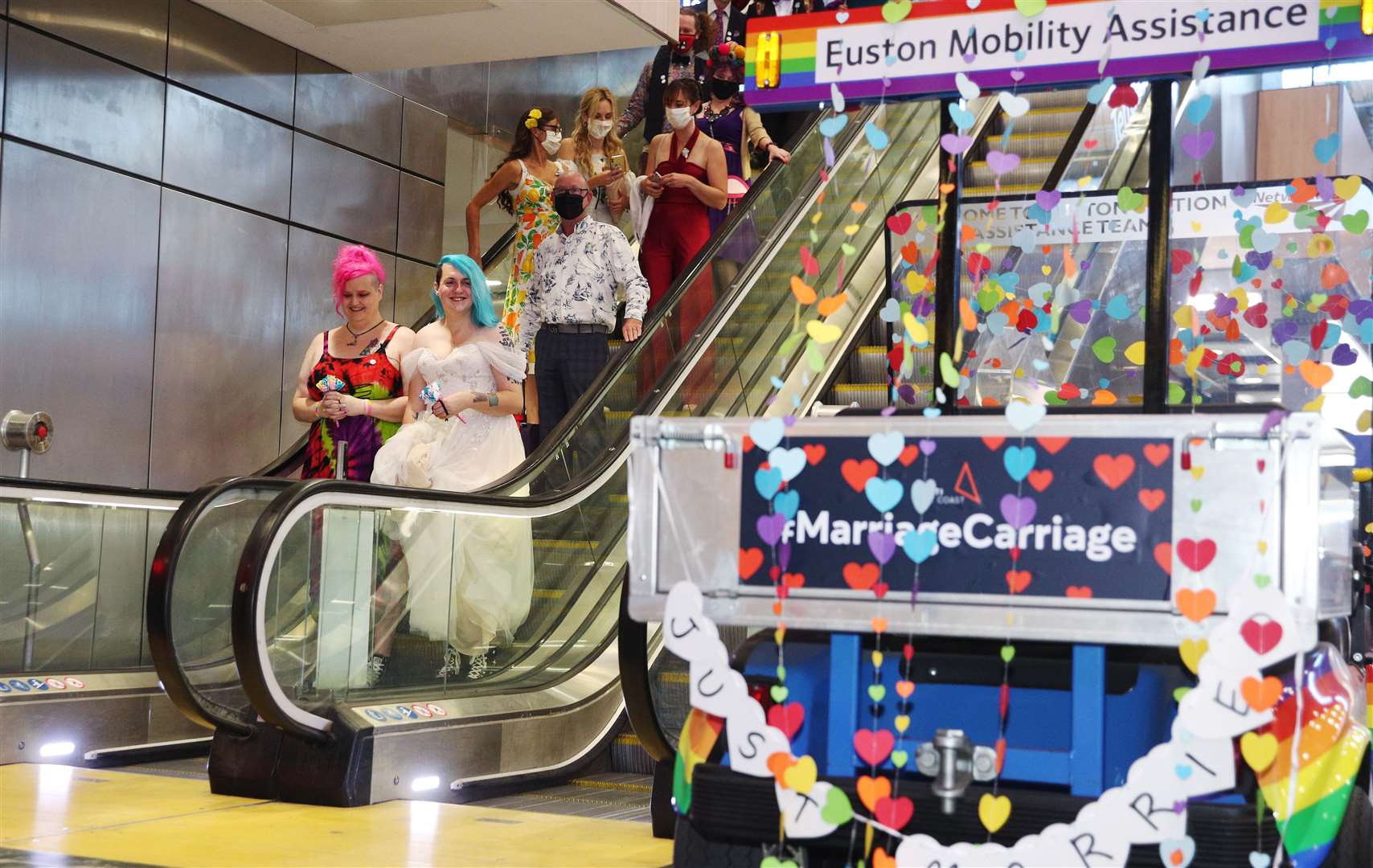 Jane Magnet (left) and Laura Dale after their wedding on the train (Joe Pepler/PinPep)