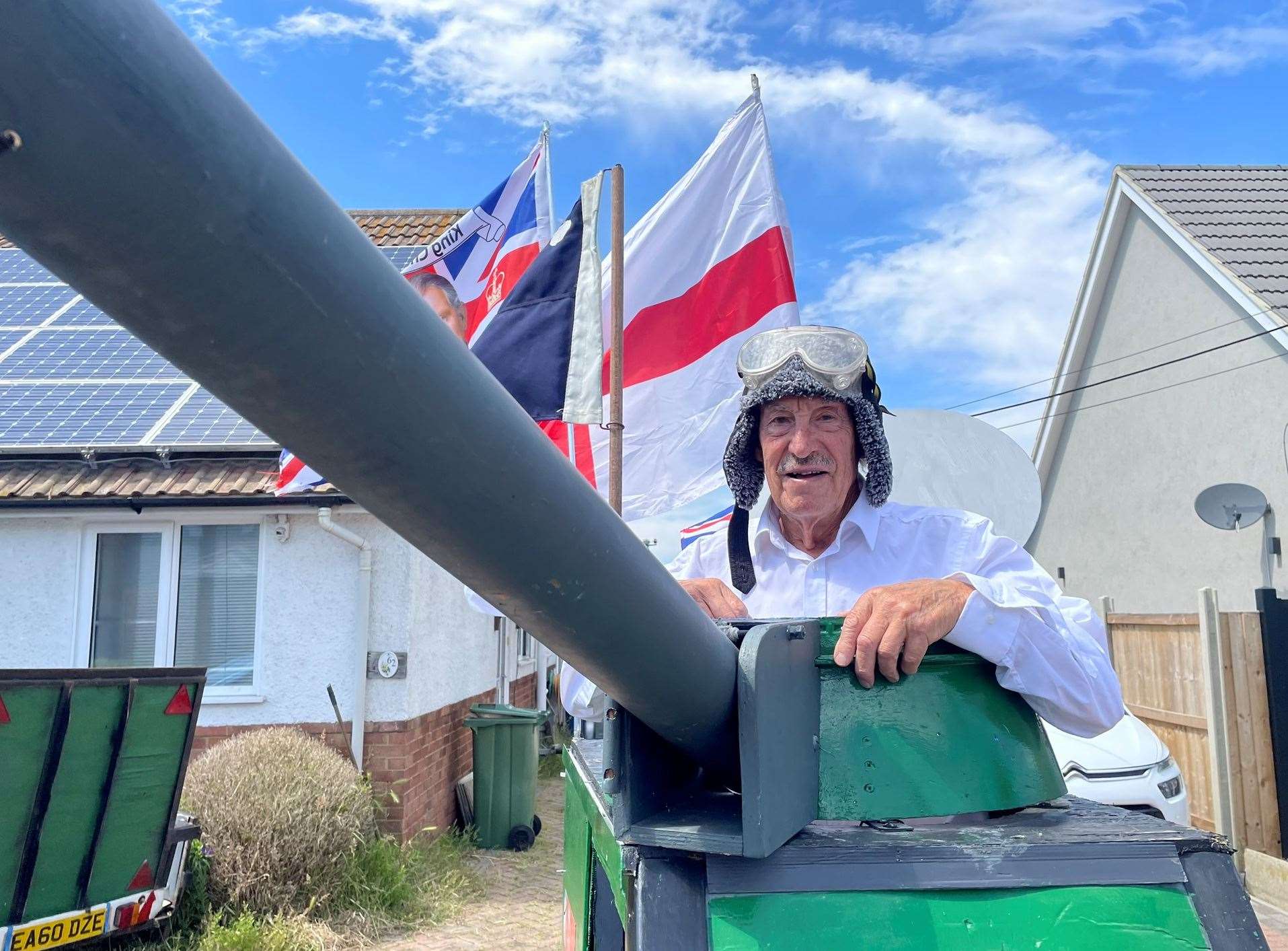 Tim Bell, 79, in his homemade tank at his home in Scrapsgate Road, Minster. Picture: Joe Crossley