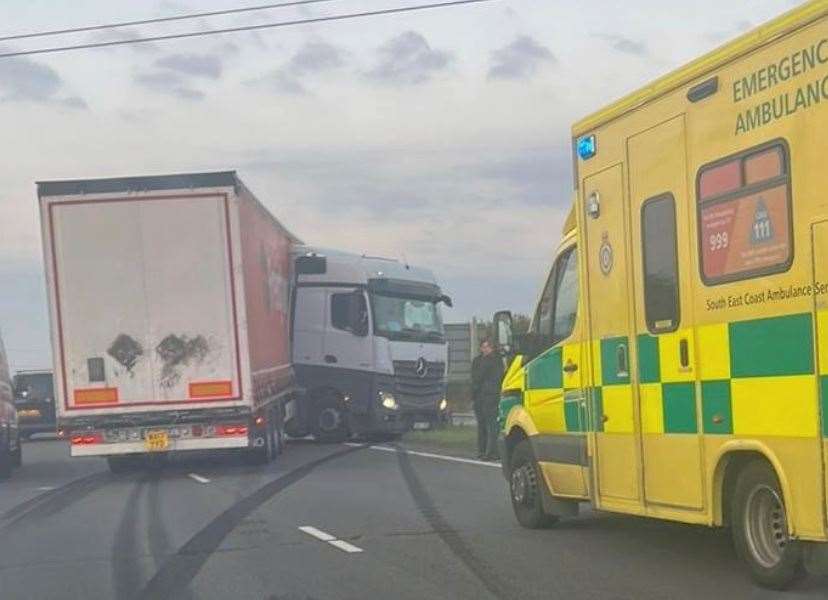 A jackknifed lorry caused long delays on the A249 Maidstone-bound
