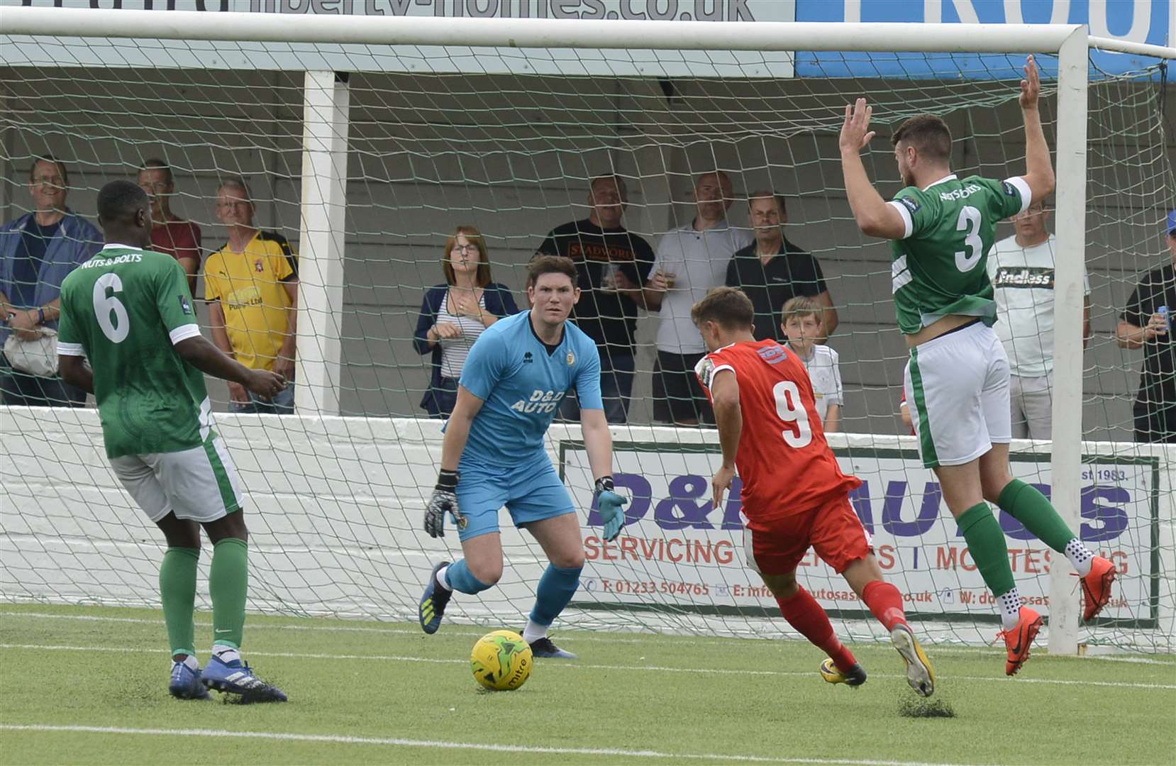 Johan ter Horst goes through one-on-one with Ashford keeper Sam Mott Picture: Paul Amos