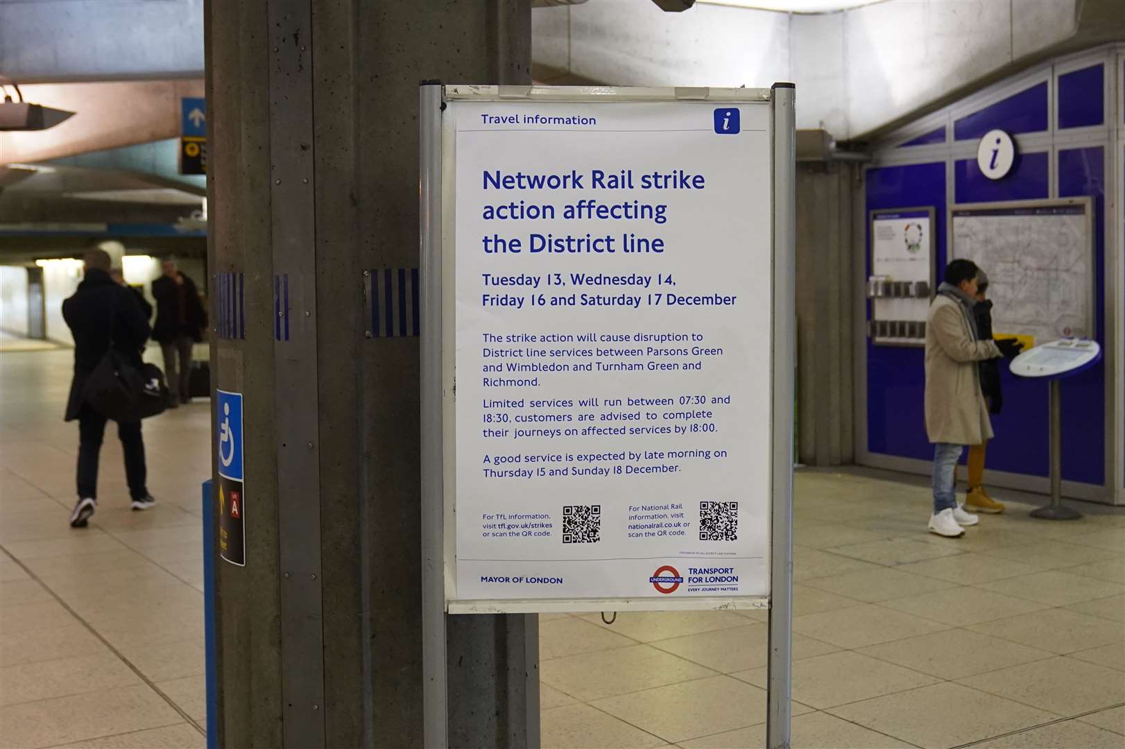 Signage at Westminster Underground station in London during a strike by members of the Rail, Maritime and Transport union (Stefan Rousseau/PA)