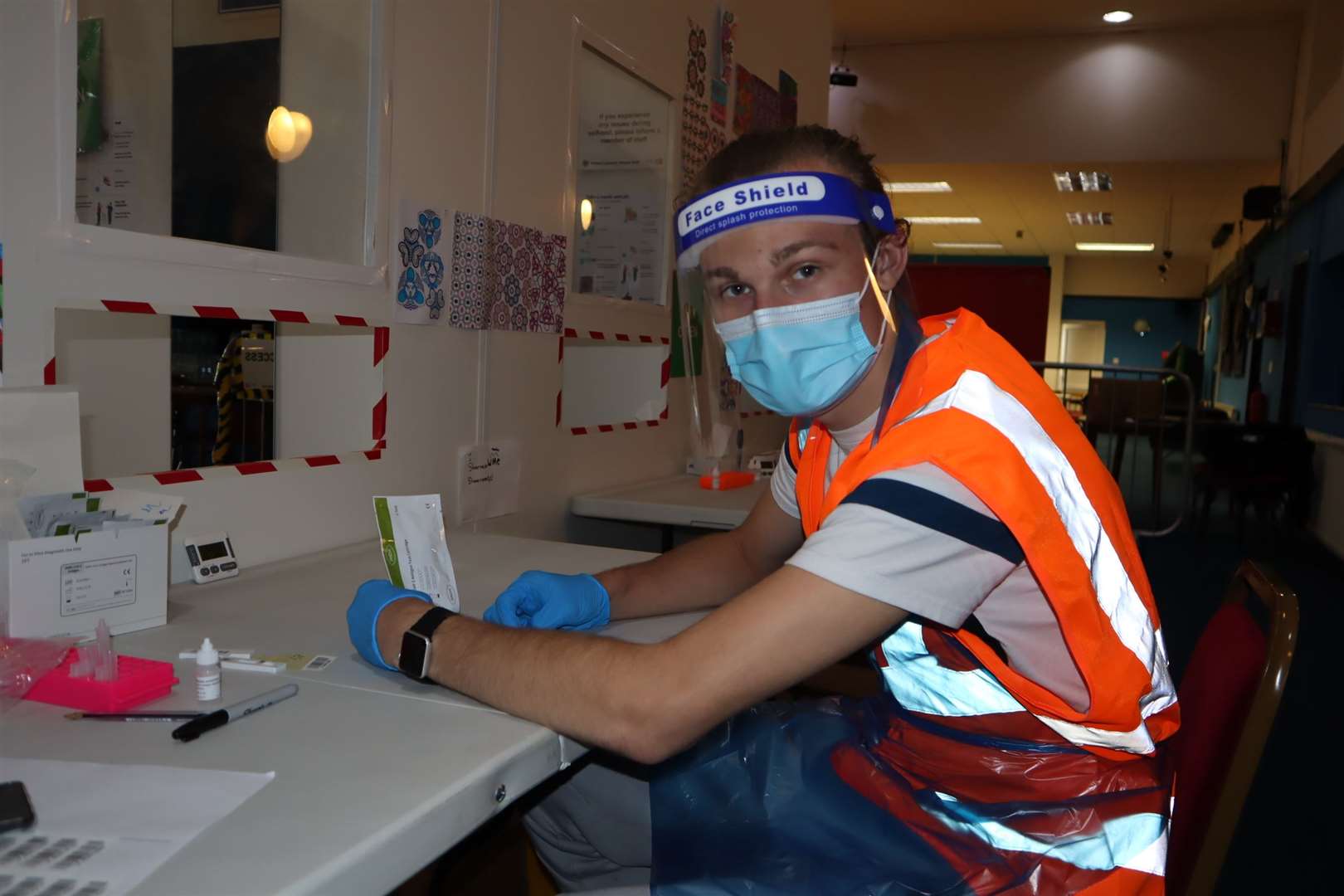 Tester Thom Hodgkinson from Borden on his final shift at the Sheppey Covid asymptomatic test centre at Sheerness East WMC, Halfway