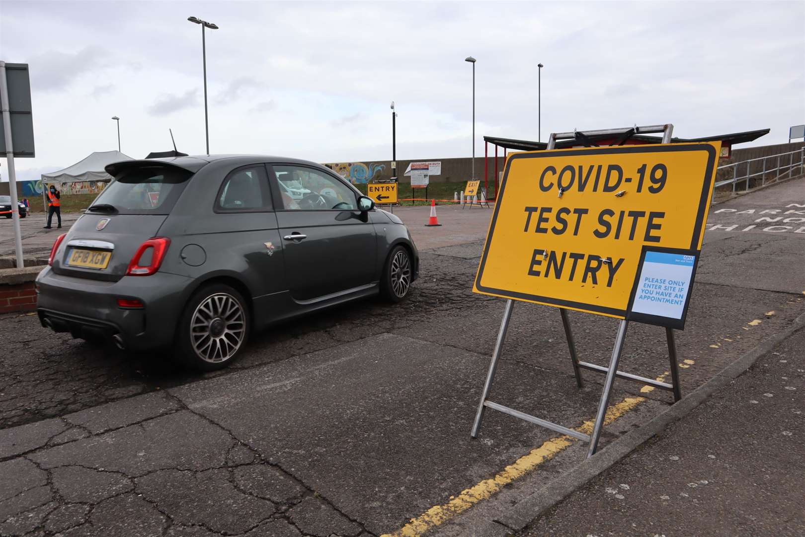 Car entering the temporary coronavirus testing station in Beach Street, Sheerness. Picture: John Nurden