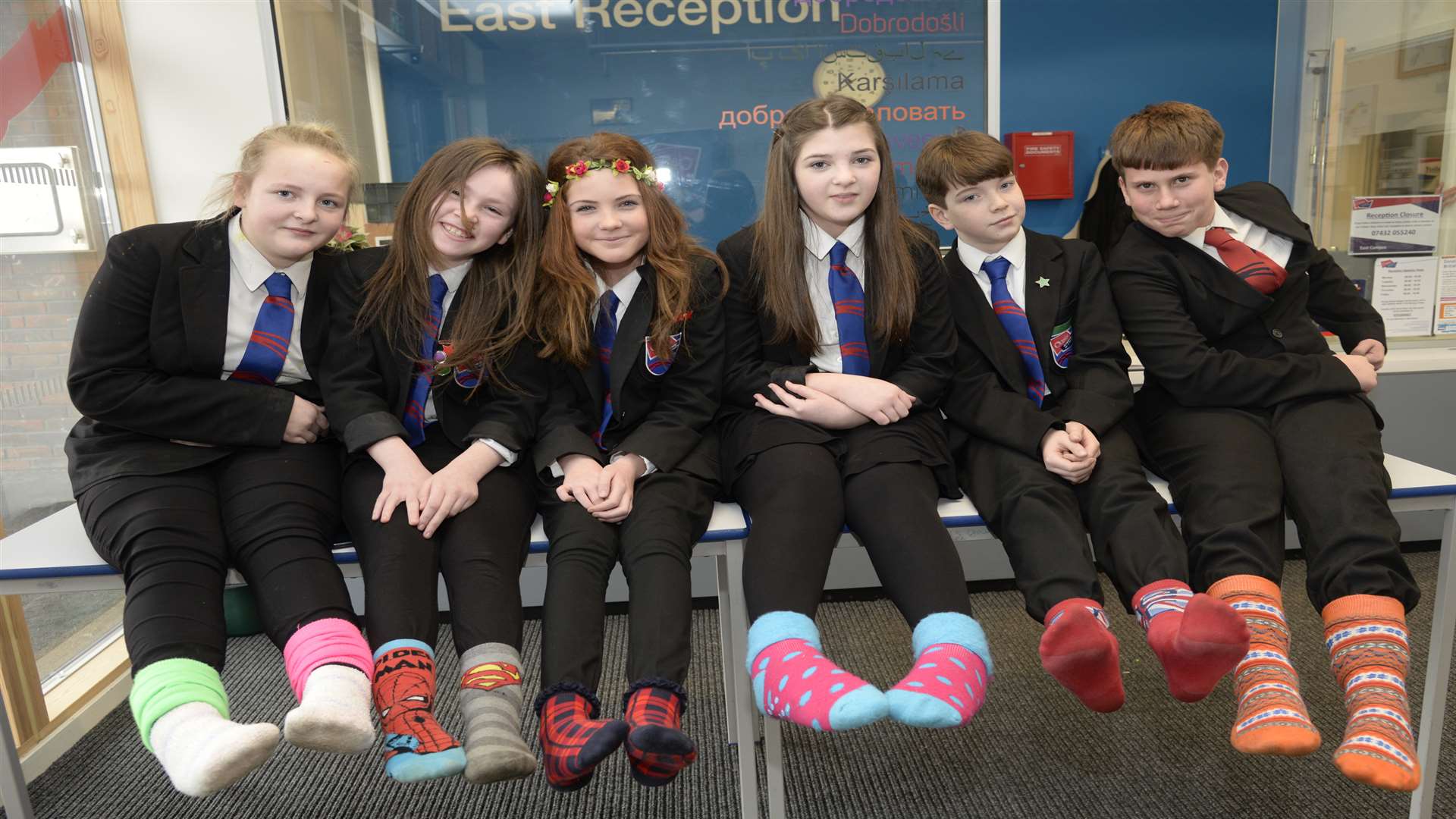 Darcy Adlam, Alysha Abbott, Celia Keen, Maisie Musk, Sam Jeffery and Oliver Irle with their distingtive footwear