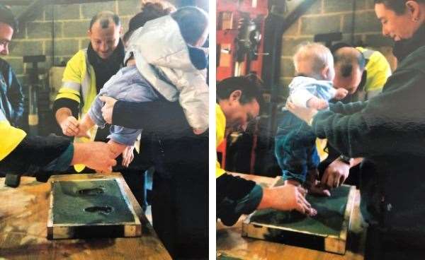 Megan and Lizzy Lindsay getting their footprints taken at Whatman Park in the year 2000