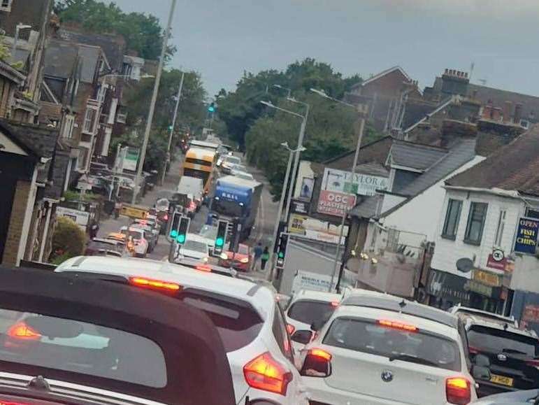 Traffic backed up in West Street, Sittingbourne town centre heading towards Key Street. Picture: Nicholas Childs