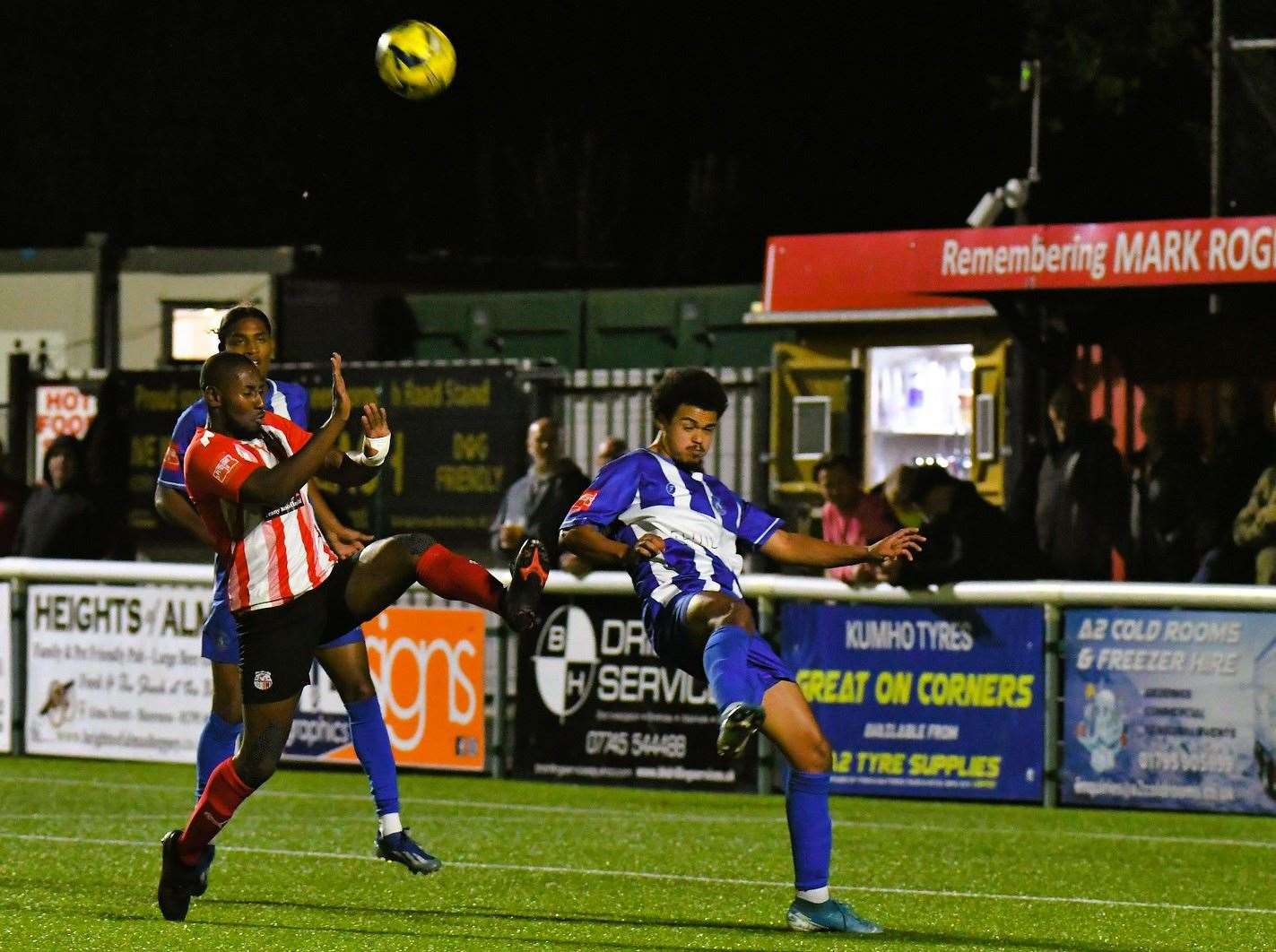 Dan Carrington clears for Herne Bay in his own penalty box. Picture: Marc Richards