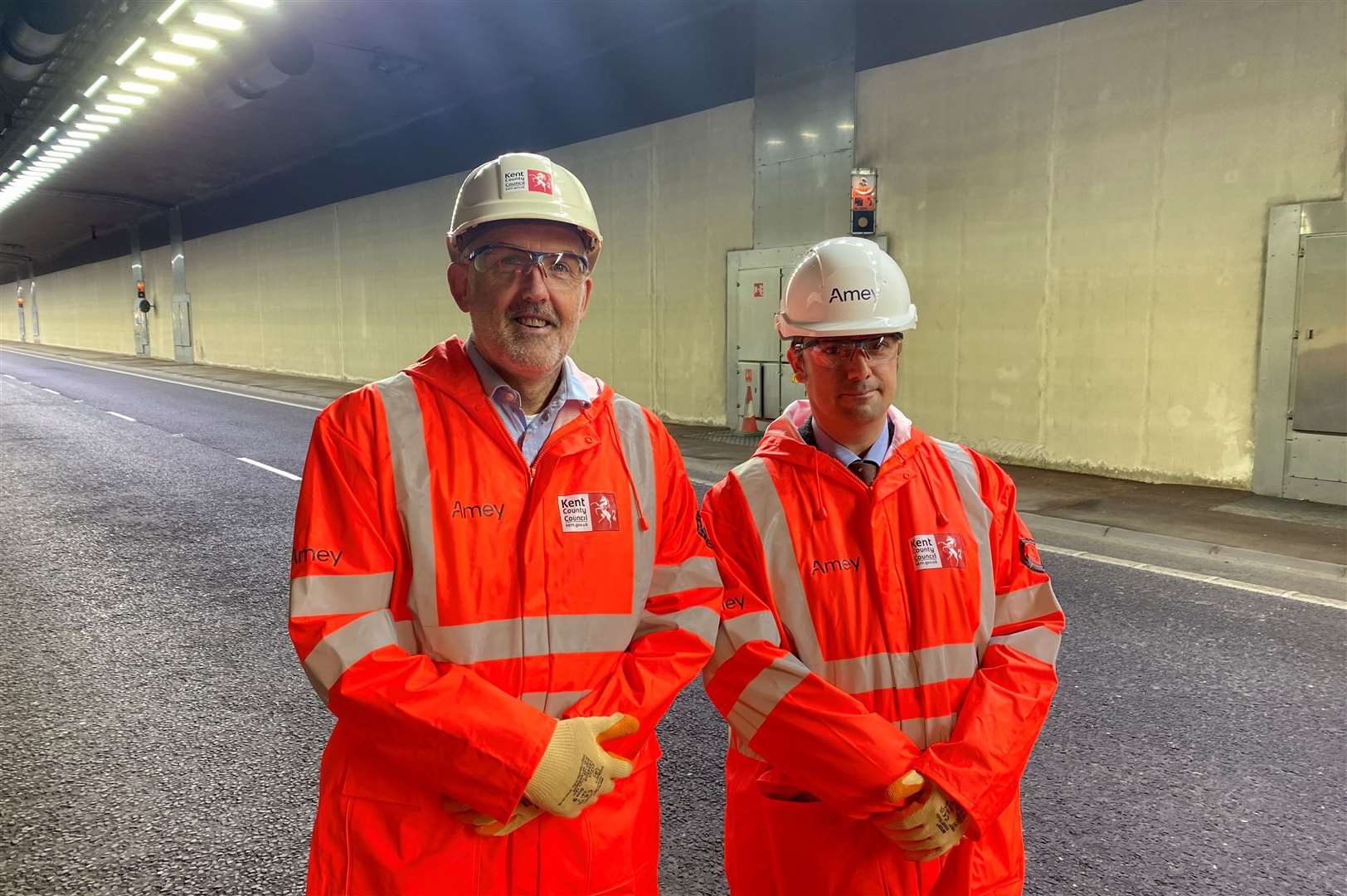 Simon Jones, KCC’s corporate director of growth, environment and transport, and Neil Baker, the cabinet member for transport, in the Chestfield Tunnel