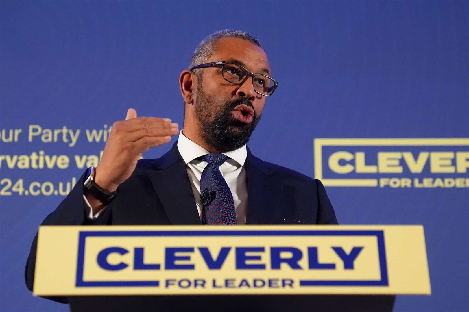 Conservative leader hopeful James Cleverly speaking at a campaign event (James Manning/PA)