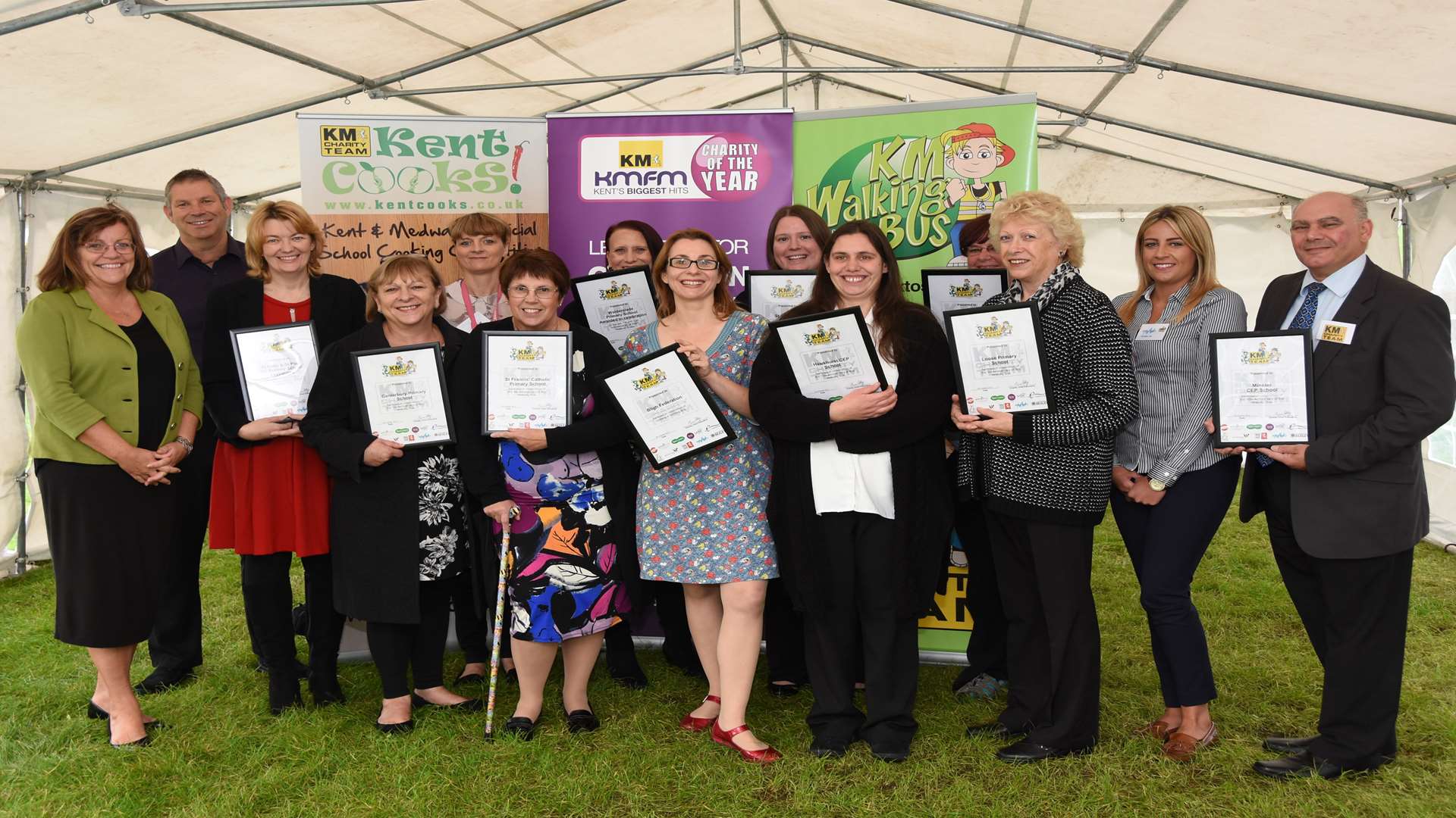 Walking Bus birthday certificate winners with supporters from Specsavers, Bel UK, Medway Council and KCC.