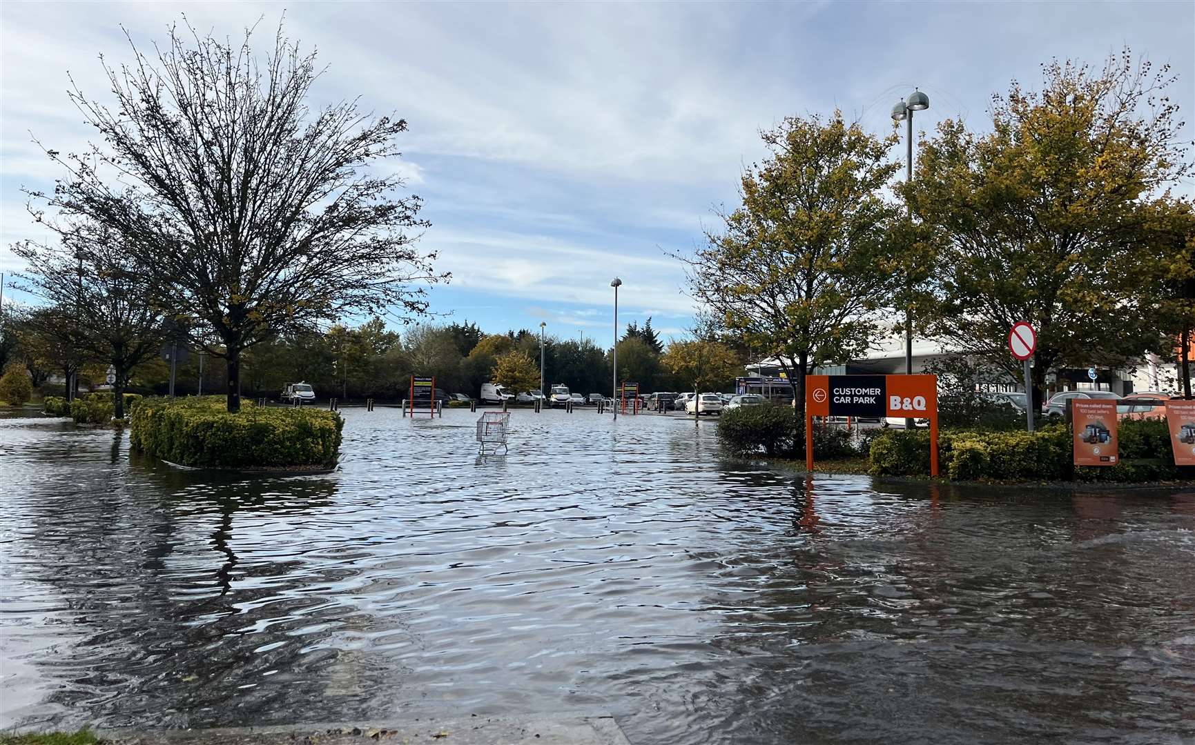 The car park at Ashford's B&Q, which sits opposite Gallagher Retail Park, was flooded last week