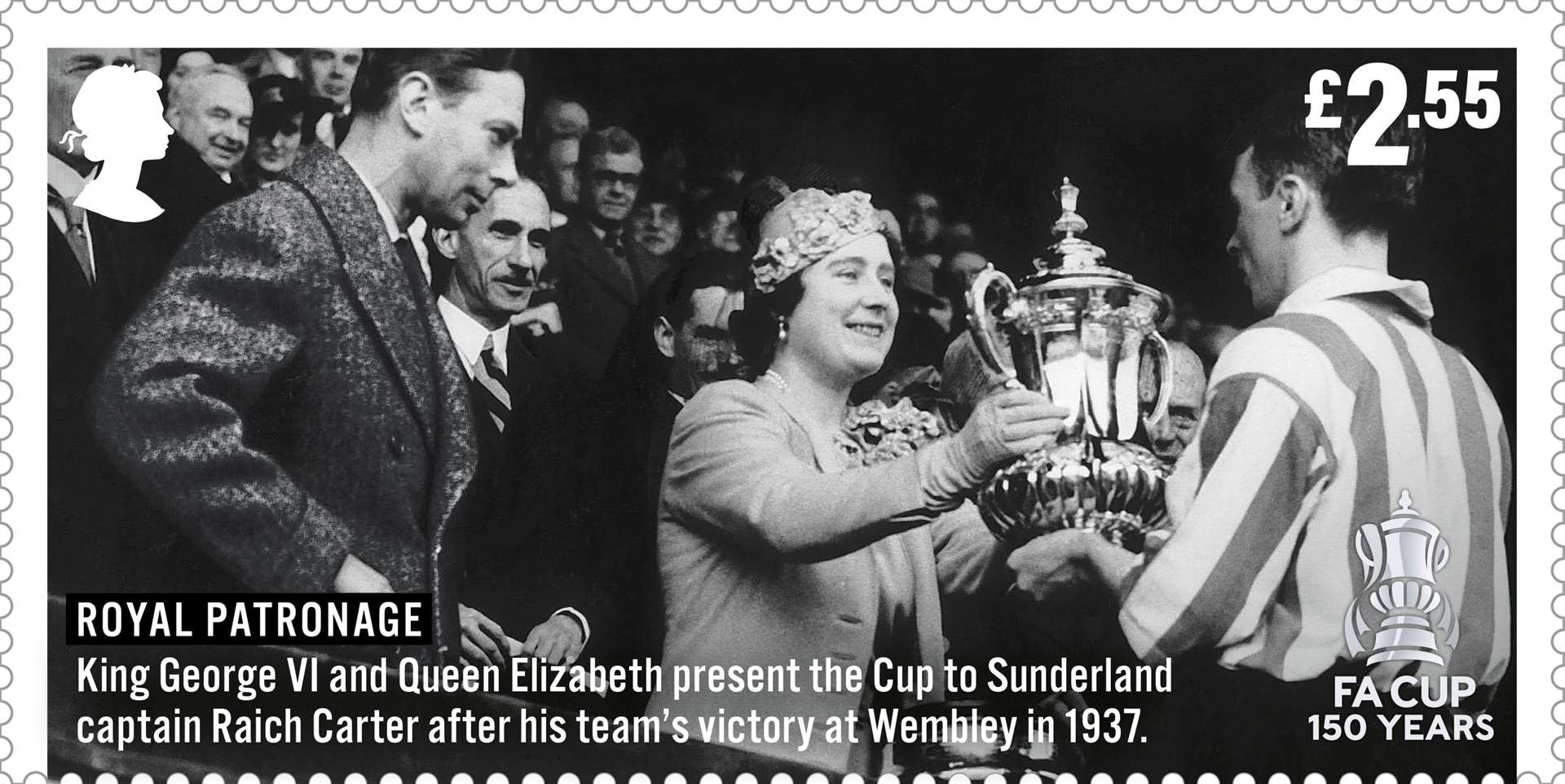 King George VI and Queen Elizabeth present the trophy to Sunderland captain Raich Carter in 1937 (Royal Mail/PA)