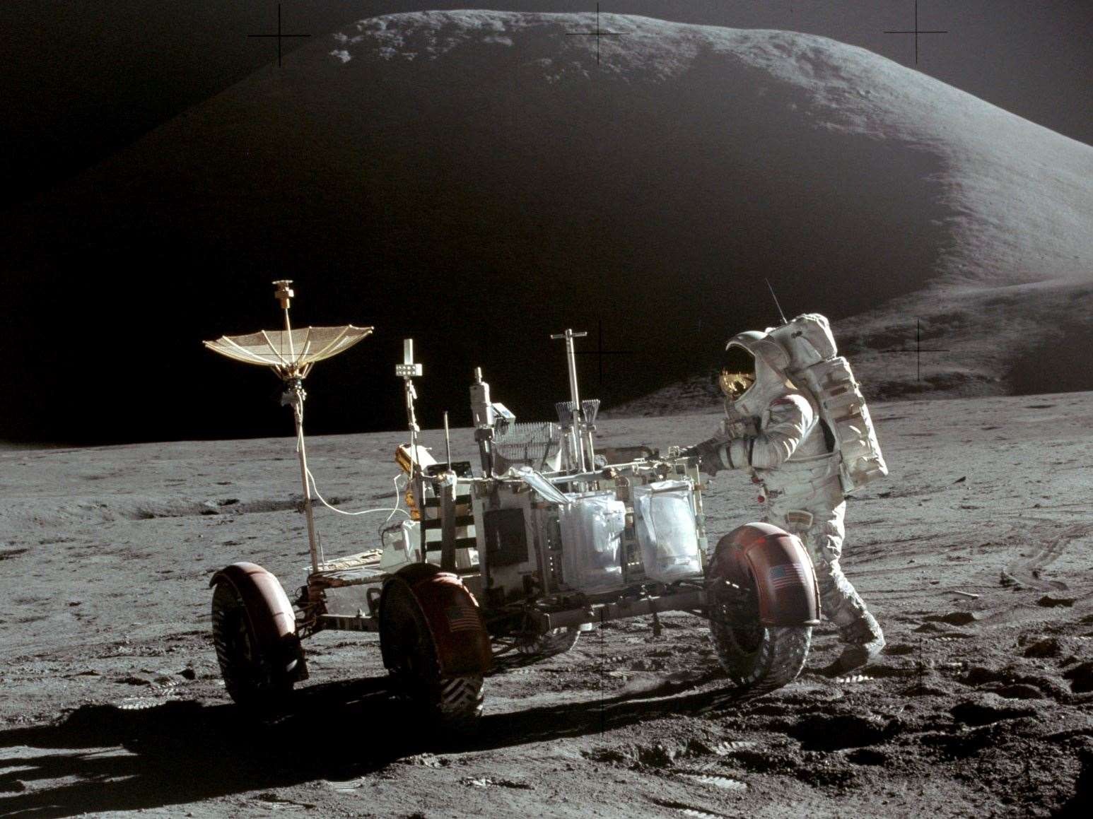 The Apollo 15 lunar rover, made in Kent, Washington, with pilot Jim Irwin. Picture: NASA/David Scott