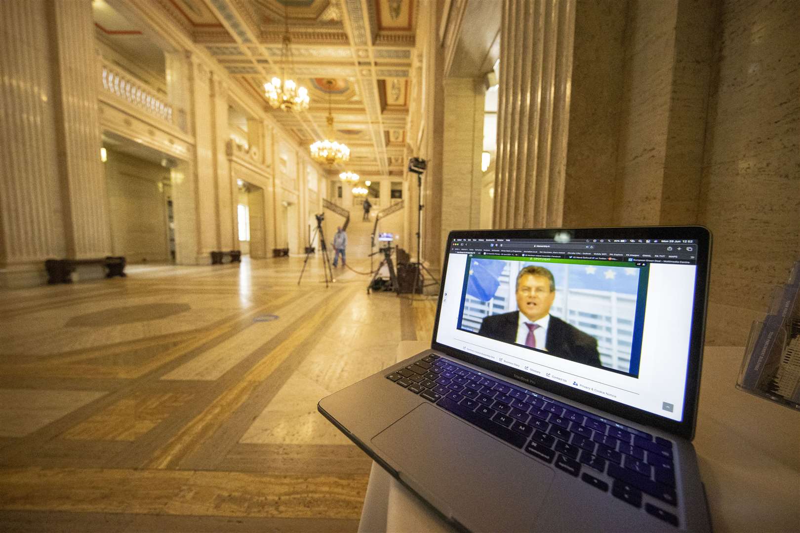 EU’s chief Brexit negotiator and Commission Vice President Maros Sefcovic speaking from Brussels during an online meeting (Liam McBurney/PA)