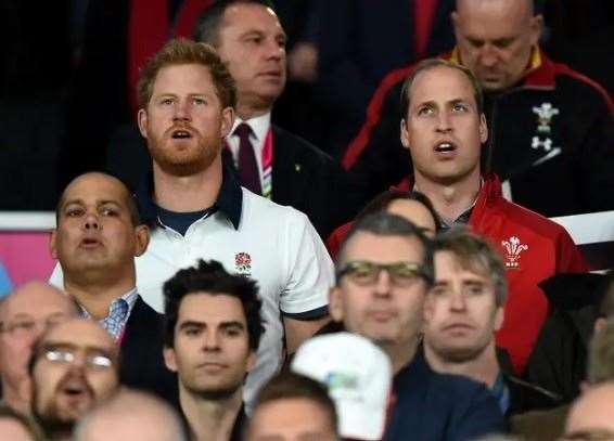 The Duke of Sussex and the Duke of Cambridge sing the National Anthem during a Rugby World Cup match (Andrew Matthews/PA)