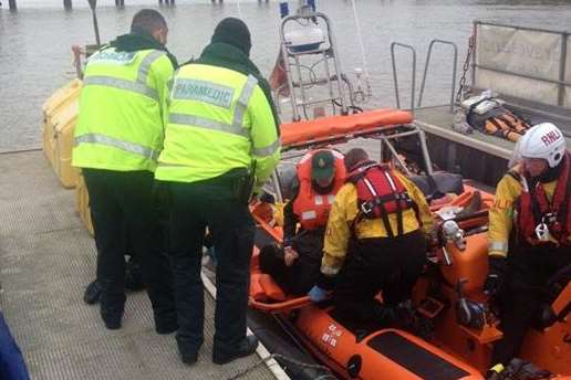 A lifeboat crew helped a man who broke his leg while walking his dog along the seawall between Denton and Shornemead