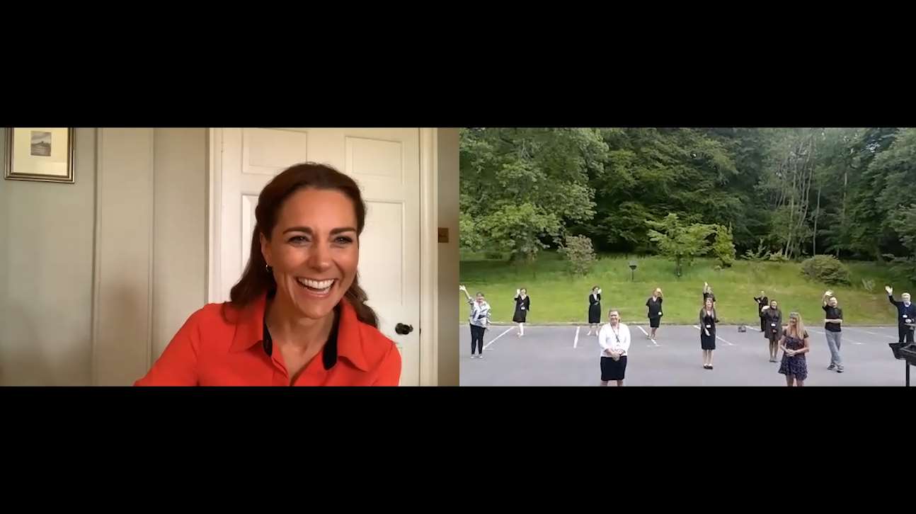 Kate says hello to socially distanced staff at Clouds House (Kensington Palace/PA)