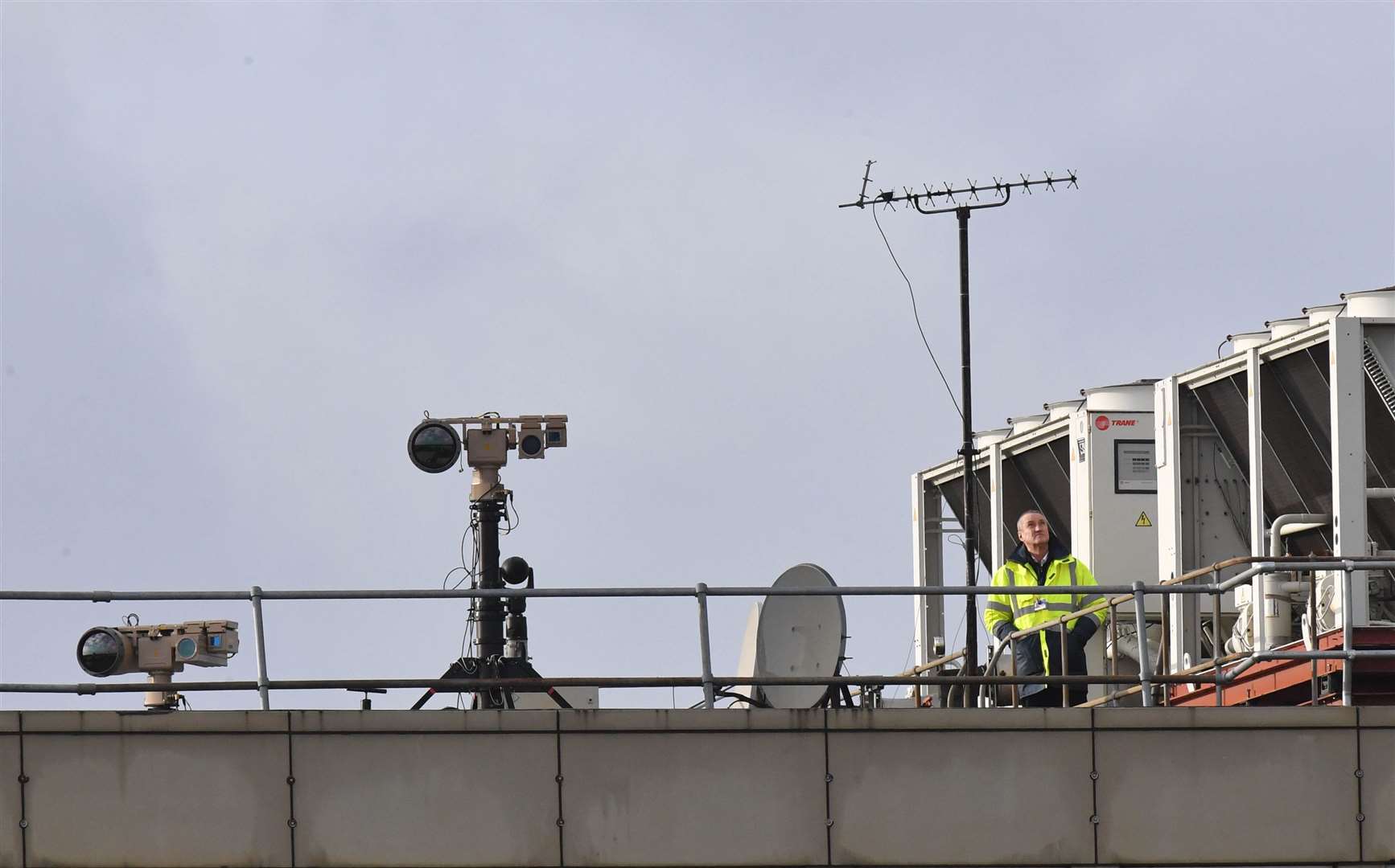 Counter drone equipment deployed on a rooftop at Gatwick (John Stillwell/PA)