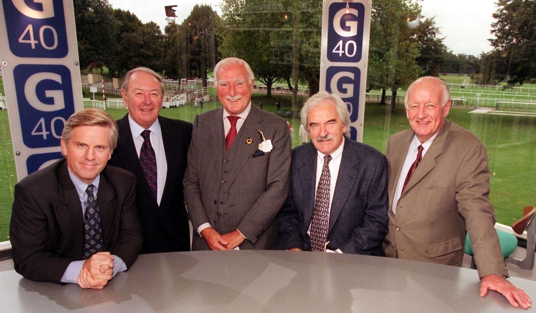 Grandstand presenters (left – right) Steve Ryder, David Coleman, Peter Dimmock, Des Lynam and Frank Bough (BBC)