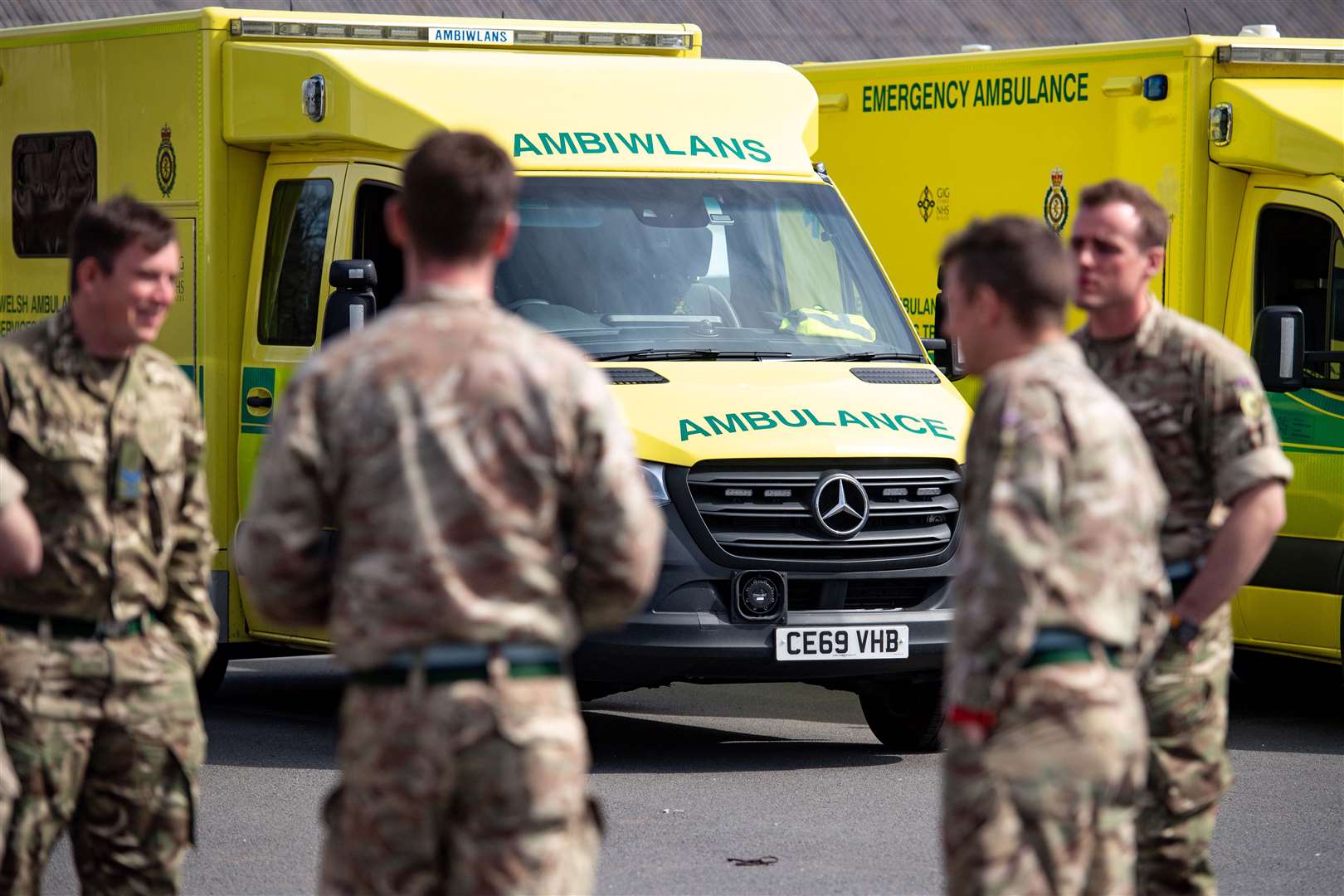 Members of the British Army during training to support the Welsh Ambulance Service NHS Trust (WAST) in the battle against Covid-19 at the Sennybridge Training Camp in Mid Wales (Jacob King/PA)