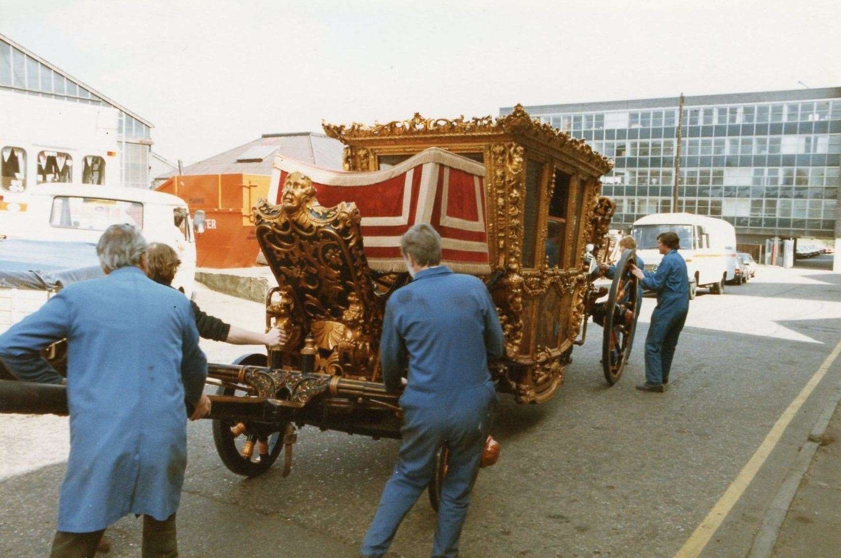 Work on the Speaker’s Coach included Jeff Knowles’ rebuilding of a gargoyle on the front corner, which was later gilded with gold leaf