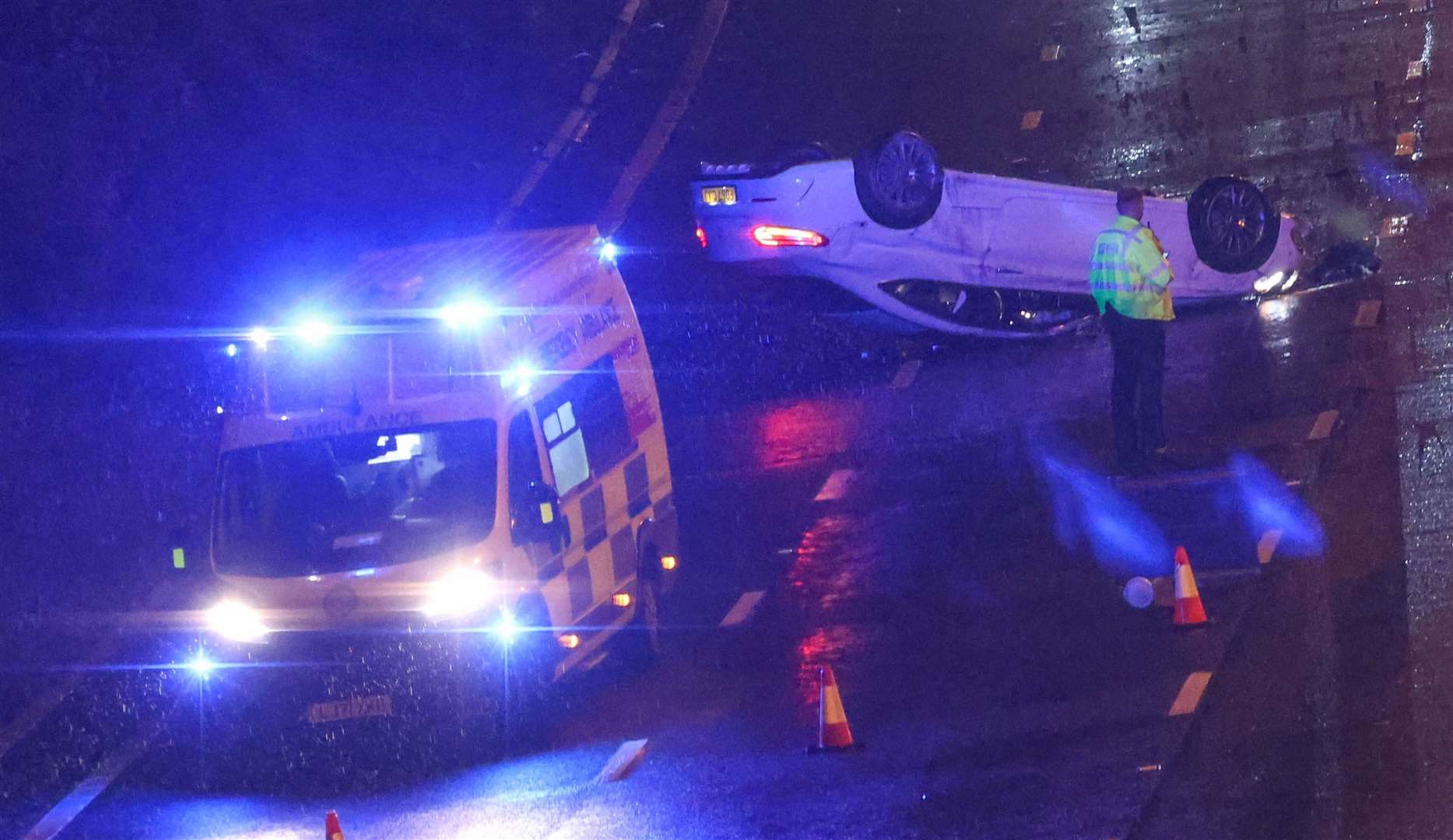 The car was left on its roof after a crash between Rochester and Chatham. Picture: UKNIP