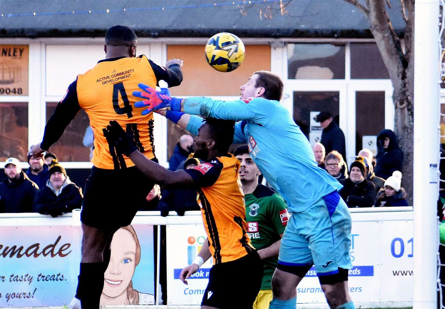 Ian Gayle heads home Folkestone's equaliser in their weekend 2-1 win against Haringey. Picture: Randolph File
